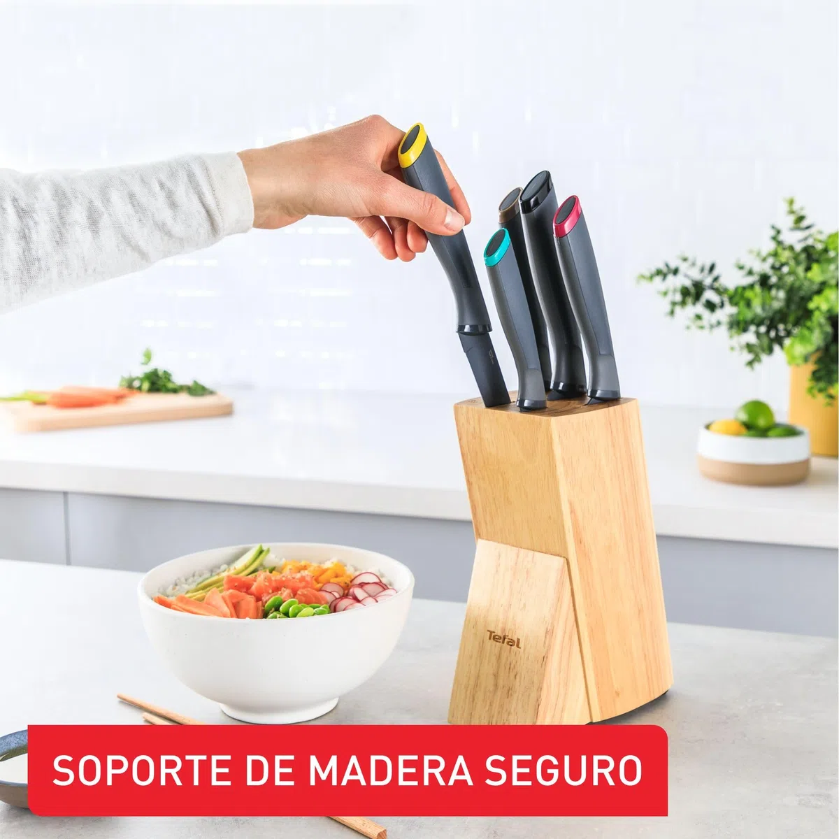 Tefal Fresh Kitchen - Bloque de madera con 5 cuchillos (Pelador 9 cm, Utilitario 12 cm, Chef 15 cm, Rebanador 20 cm, Pan 20 cm), acero inoxidable de alta precisión, K122S5