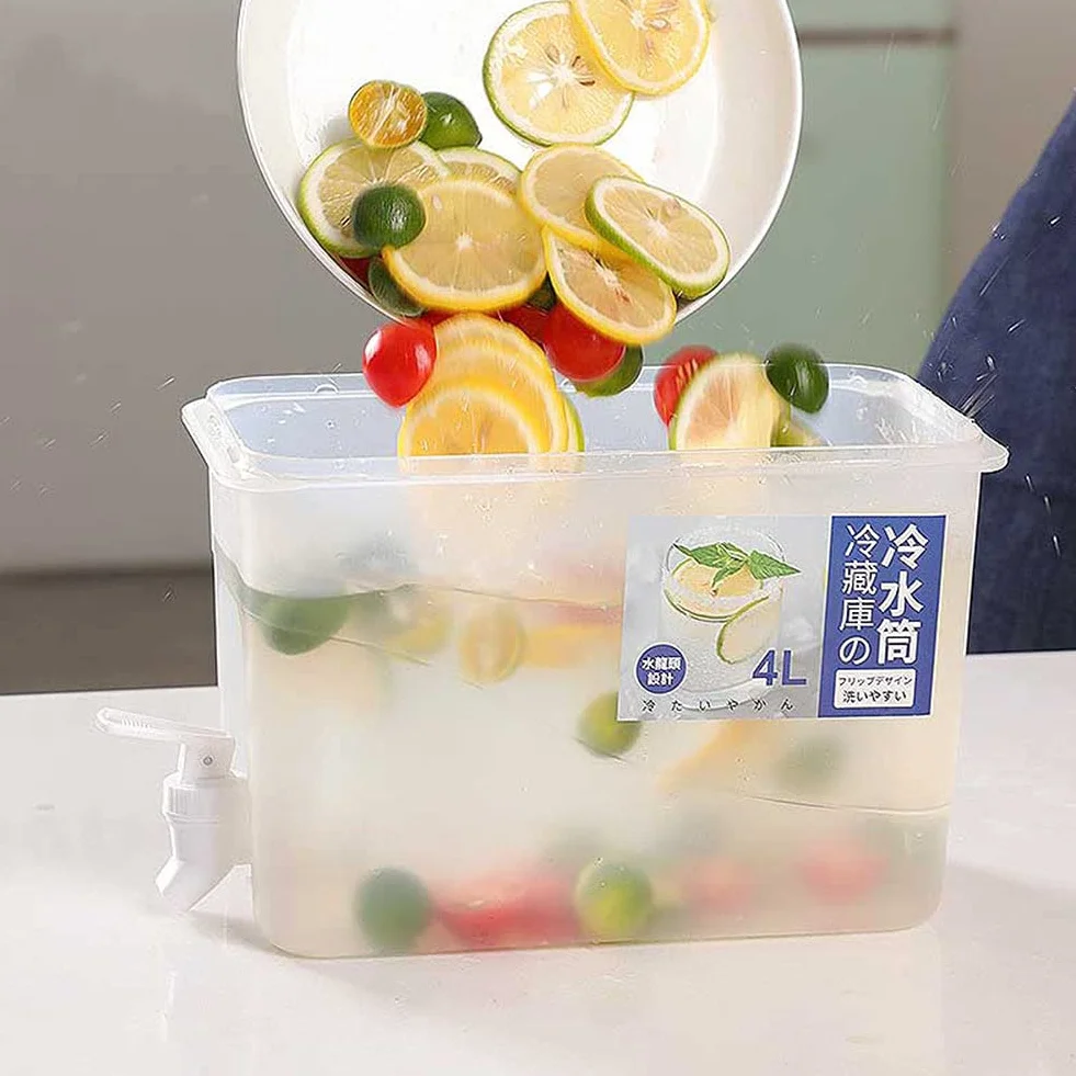Dispensador de bebidas de 4 L con grifo, dispensador de agua para frigorífico con grifo, dispensador de bebidas de gran capacidad, plástico recargable, cubo de agua helada con tapa para bebidas frías
