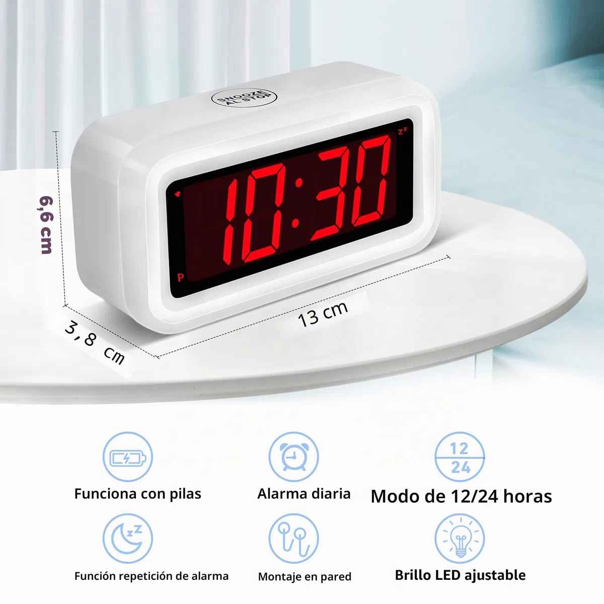 KWANWA Reloj Despertador LED Que Funciona con Pilas con números Rojos de 1.2 Pulgadas, repetición, Brillo Ajustable (Blanco)…