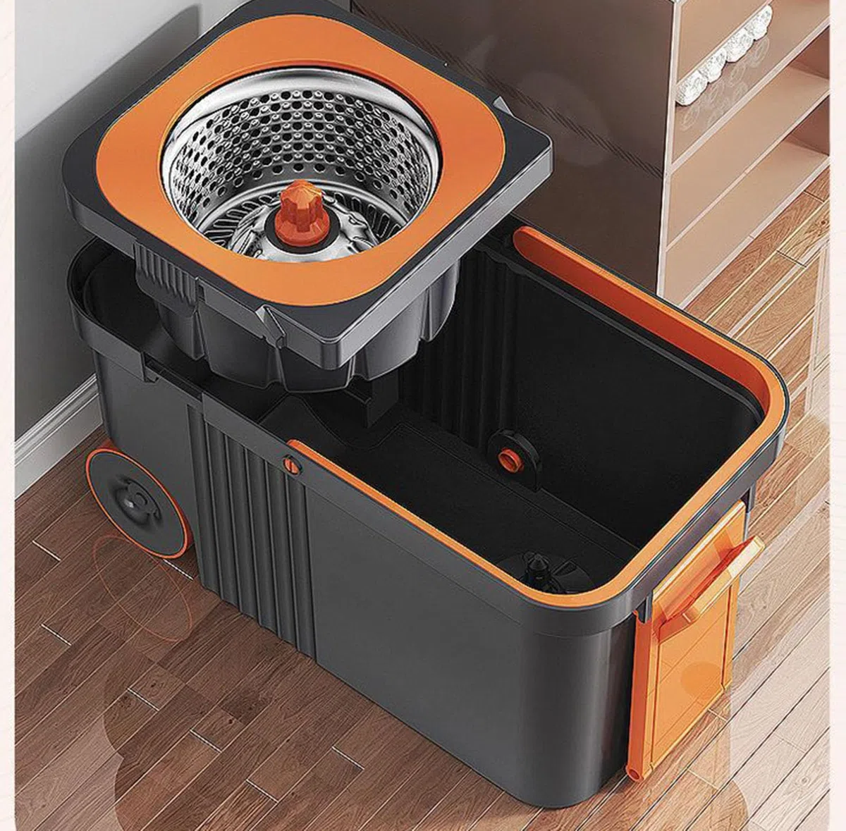 Juego de fregona cubo giratorios, cabezales de fregona dobles con 2 ruedas | Separa el agua limpia y sucia, trapeador para pisos con 2 cabezales de trapeador lavables para madera, azulejos, vinilo