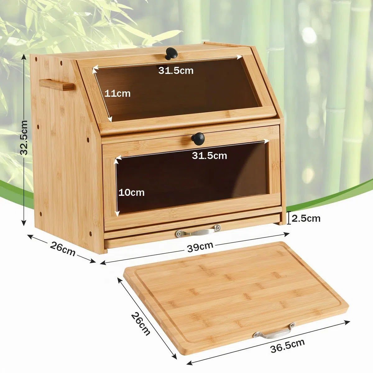 YOUDENOVA Panera Ecológica de Bambú Con Tabla de Cortar y Caja de Almacenamiento, Visualizada para Pan Tostado, 39 x 26 x 32,5 cm, Bambú Natural