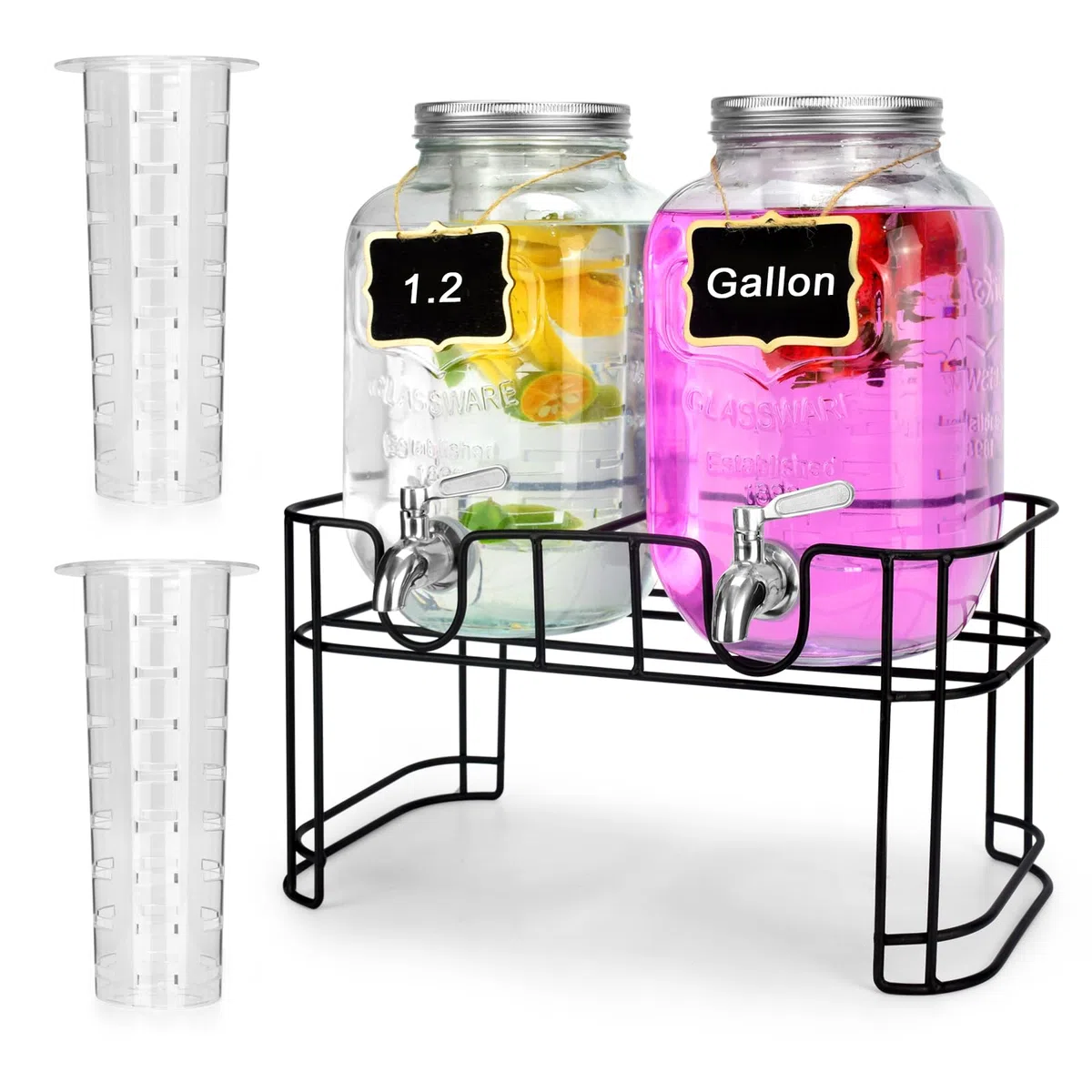 DD&HAPP Dispensadores de bebidas de vidrio para fiestas. Dispensador de bebidas de 1.2 galones con soporte y espiga de acero inoxidable. Dispensador de limonada con cilindro de hielo. Tarros de masón,