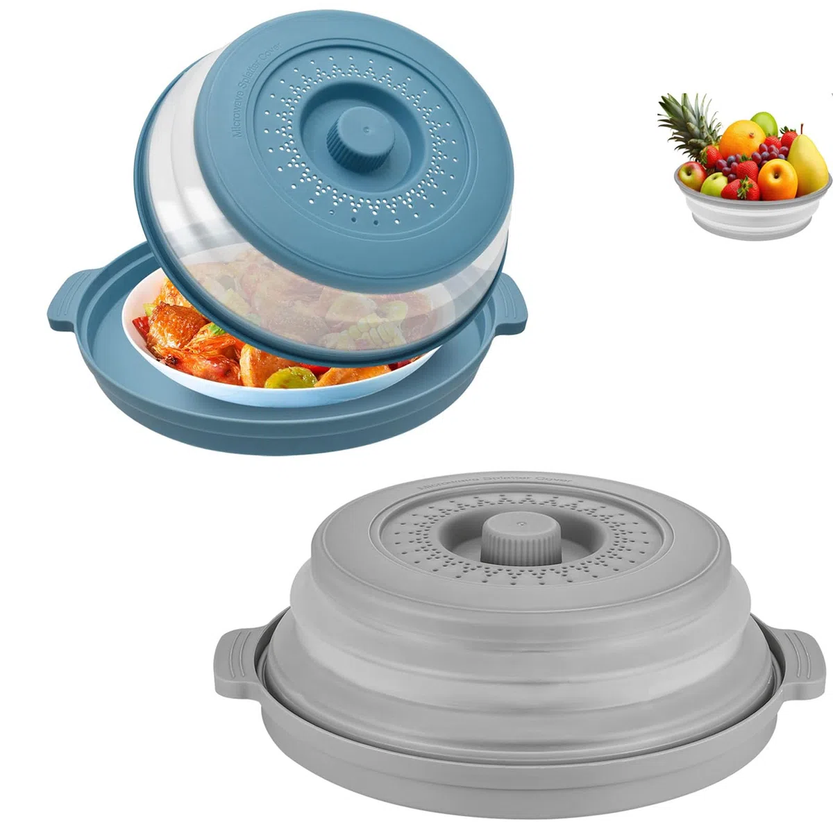 2 cubiertas plegables para microondas, tapa antisalpicaduras, cesta de filtro con agujeros de vapor, tapa de microondas con agujeros de vapor, reutilizable, para frutas y verduras, gris, azul