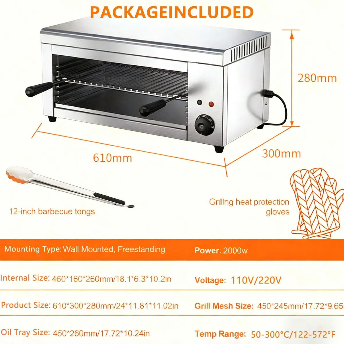 Asador Salamandra de 2000W, Parrilla Eléctrica Raclette para Fundir Queso, para Montaje en Pared o Encimera 50℃-300℃ para Queso y Carne