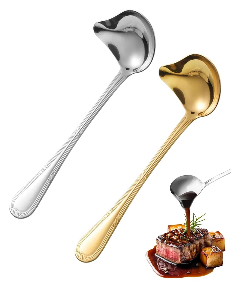 2 Piezas Cucharón para Salsa Acero Inoxidable,Cuchara para Salsa con Pico Vertedor,Cuchara Pequeña para Condimentos,Sopas,Salsas,Jugos(Oro,Plata)