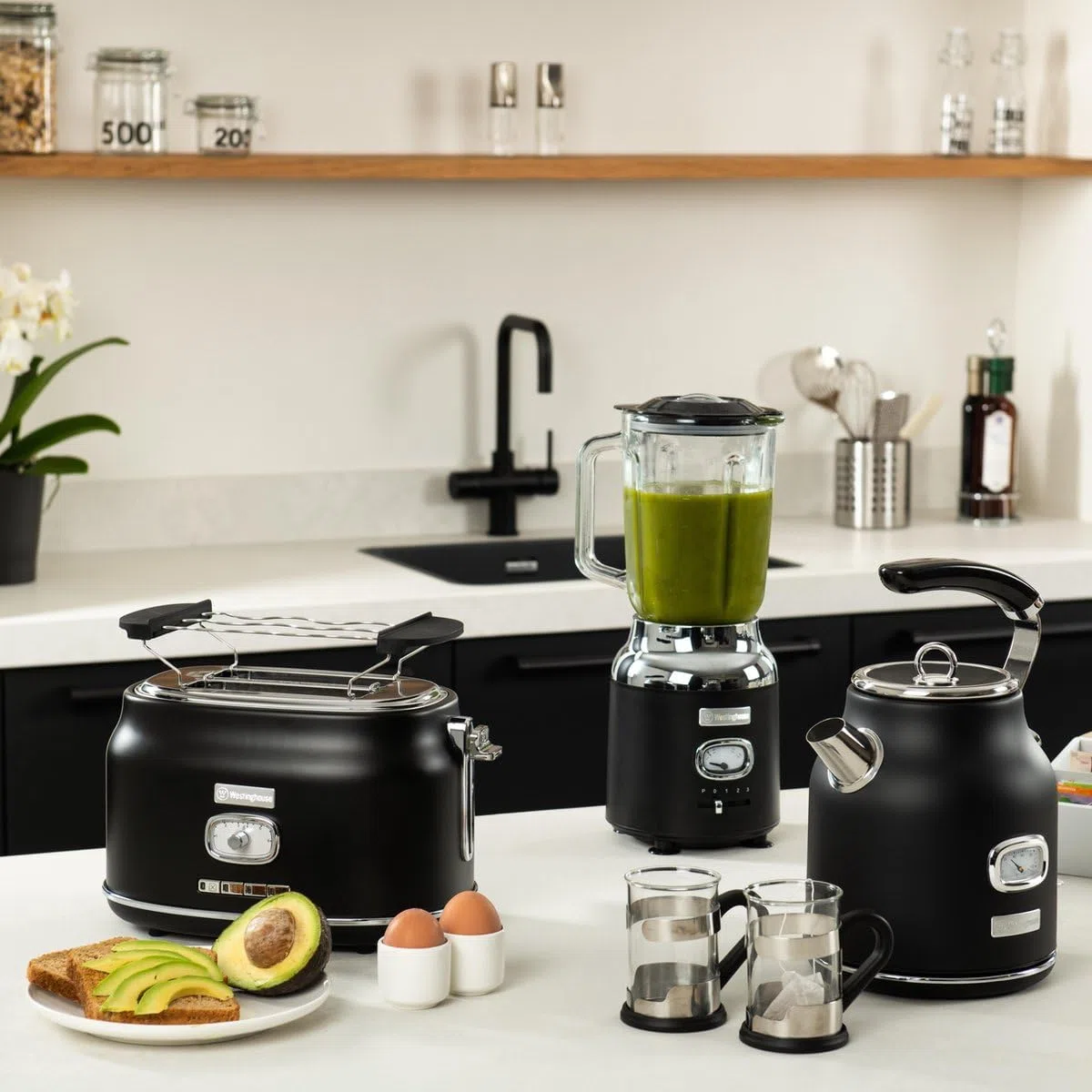 Tostadora Westinghouse Retro - 4 ranuras - Ranuras extra anchas - Rejilla para mantener el calor - 1750 W - Negro