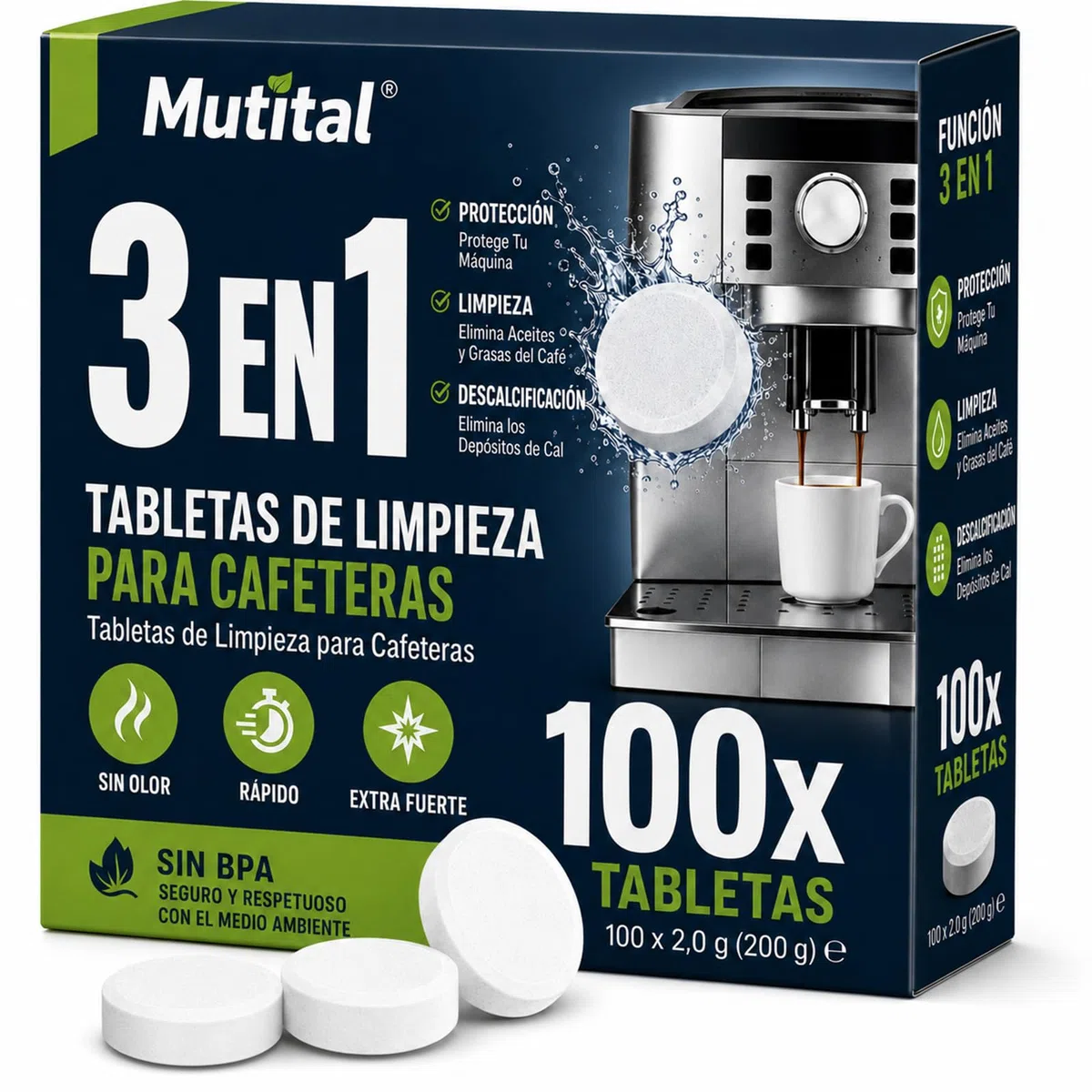 Mutital 100 Tabletas de Limpieza para Cafeteras Automáticas – Compatible con De'Longhi, Siemens EQ-Series, Jura, Bosch, Limpieza Eficaz y Eliminación de Residuos de Café