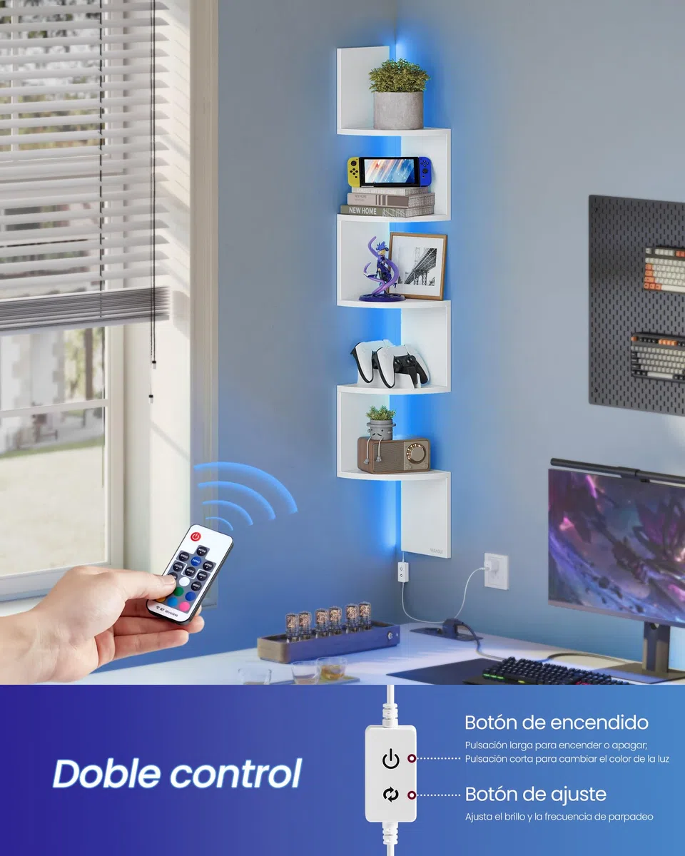 VASAGLE Estantería de Esquina de Pared con Iluminación LED, Librería Esquinera de 5 Niveles, Estante Flotante para Dormitorio, Salón, Baño, con Botón y Control Remoto, Blanco Mate LBC630W01