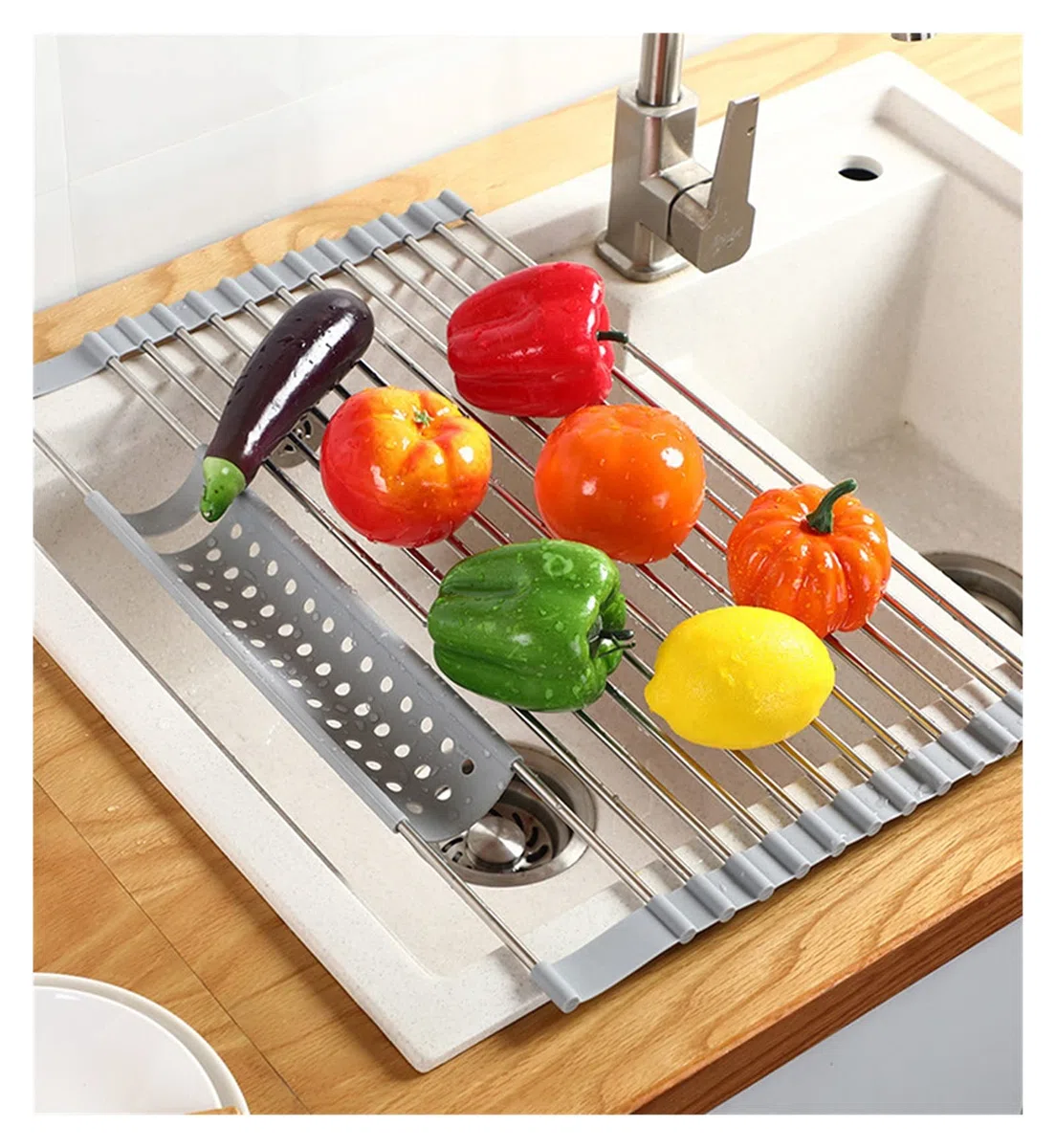 Colador Enrollable Rejilla para secar Platos Fregadero Escurridor de Platos rodante Rejilla para Fregadero Alambre de Acero Inoxidable Soporte para Almacenamiento de Fregadero Coladores/Cola