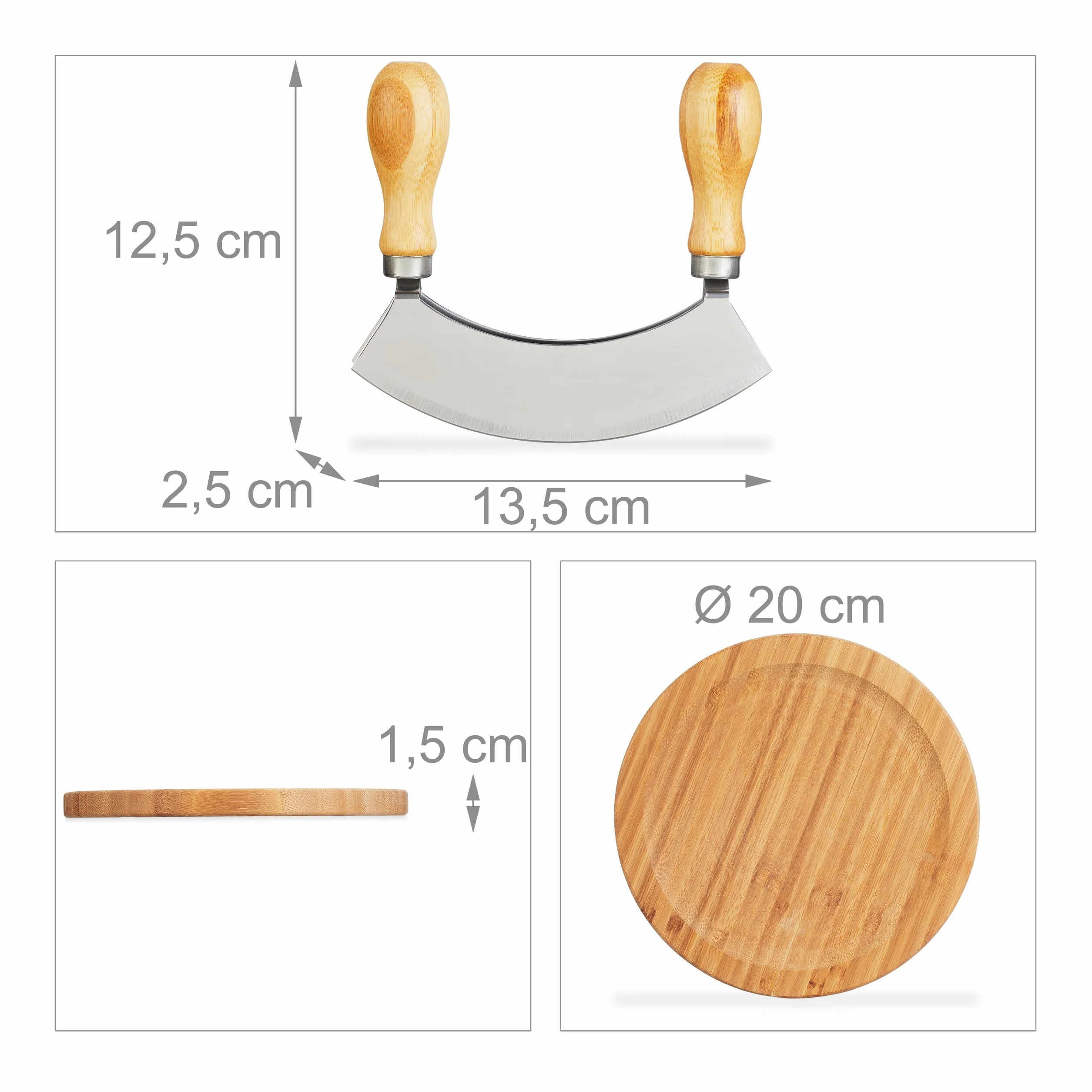 Relaxdays Kit Cuchillo Media Luna y Tabla Madera Ø20 cm, Tajadera Doble Hoja Acero, Picador Hierbas, Natural/Plata