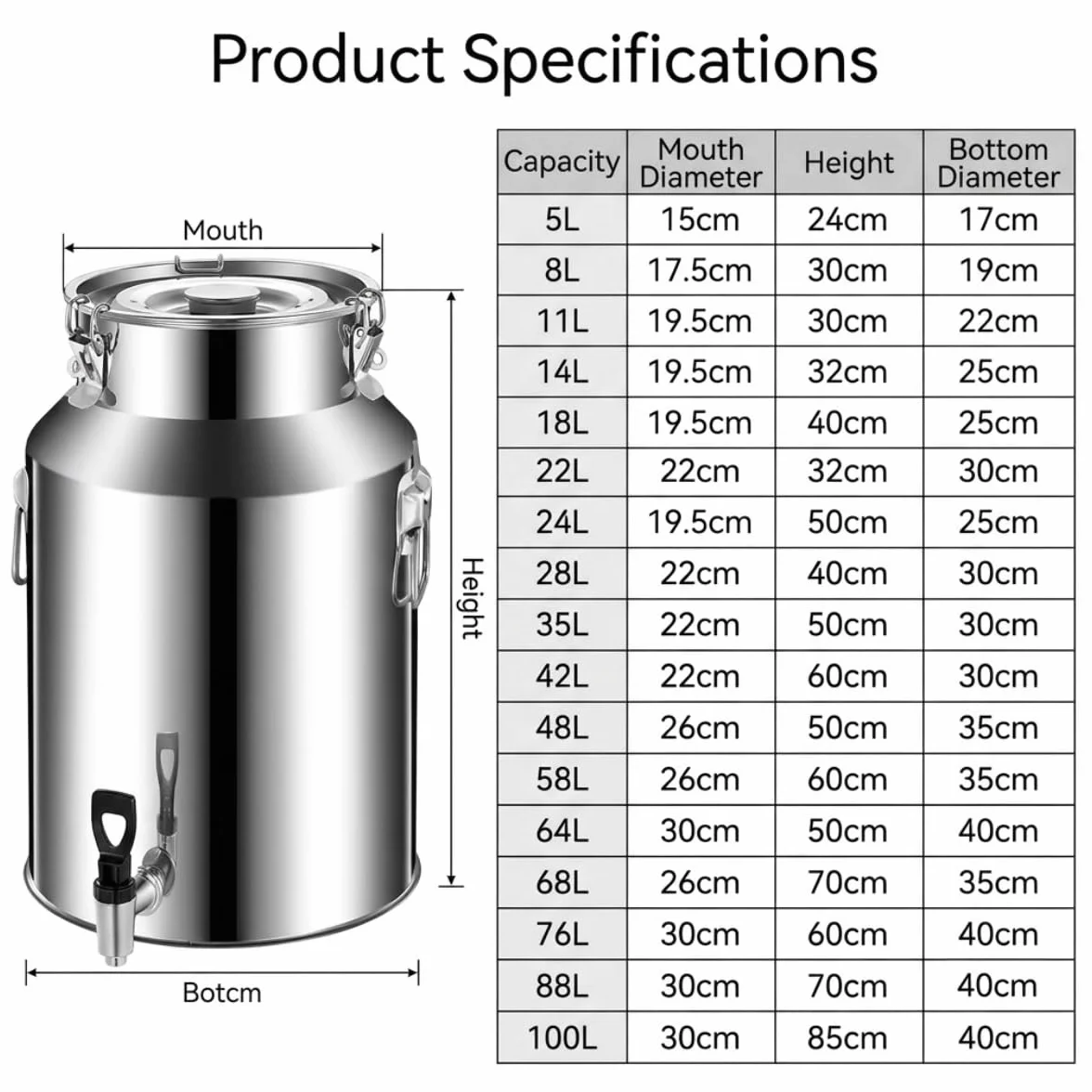 Jarra de Leche de Acero Inoxidable, 5-100L Cubo de Vino con Tapa Sellada | Lata de Leche para Líquidos y Sólidos, Jarra de Leches con Sello para Transportar o Almacenar(35L)