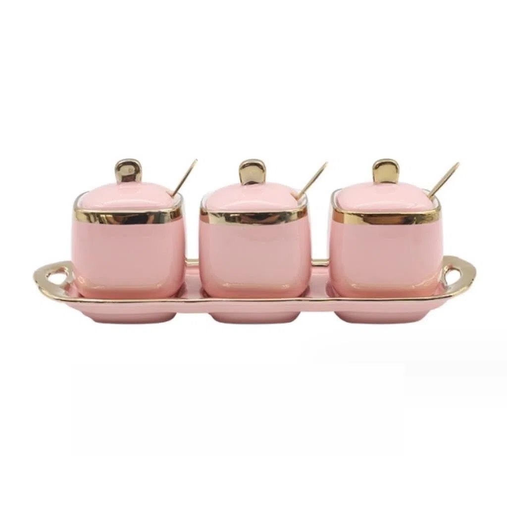 SAeWare Tarro de condimentos, contenedor de especias de cerámica, tarro de condimentos, salero, botella de condimentos, tarro de azúcar, caja de condimentos, encimera de cocina, rosa, 3 piezas