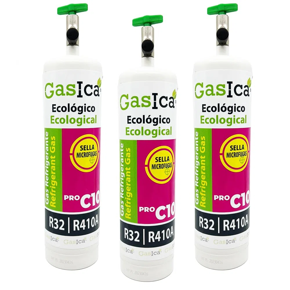 3x Envases GASICA C10 PRO | Gas Refrigerante Orgánico | Alternativa R410A y R32 | Equivalente a 2.4 Kg R410A con válvulas en cada envase para mas usos
