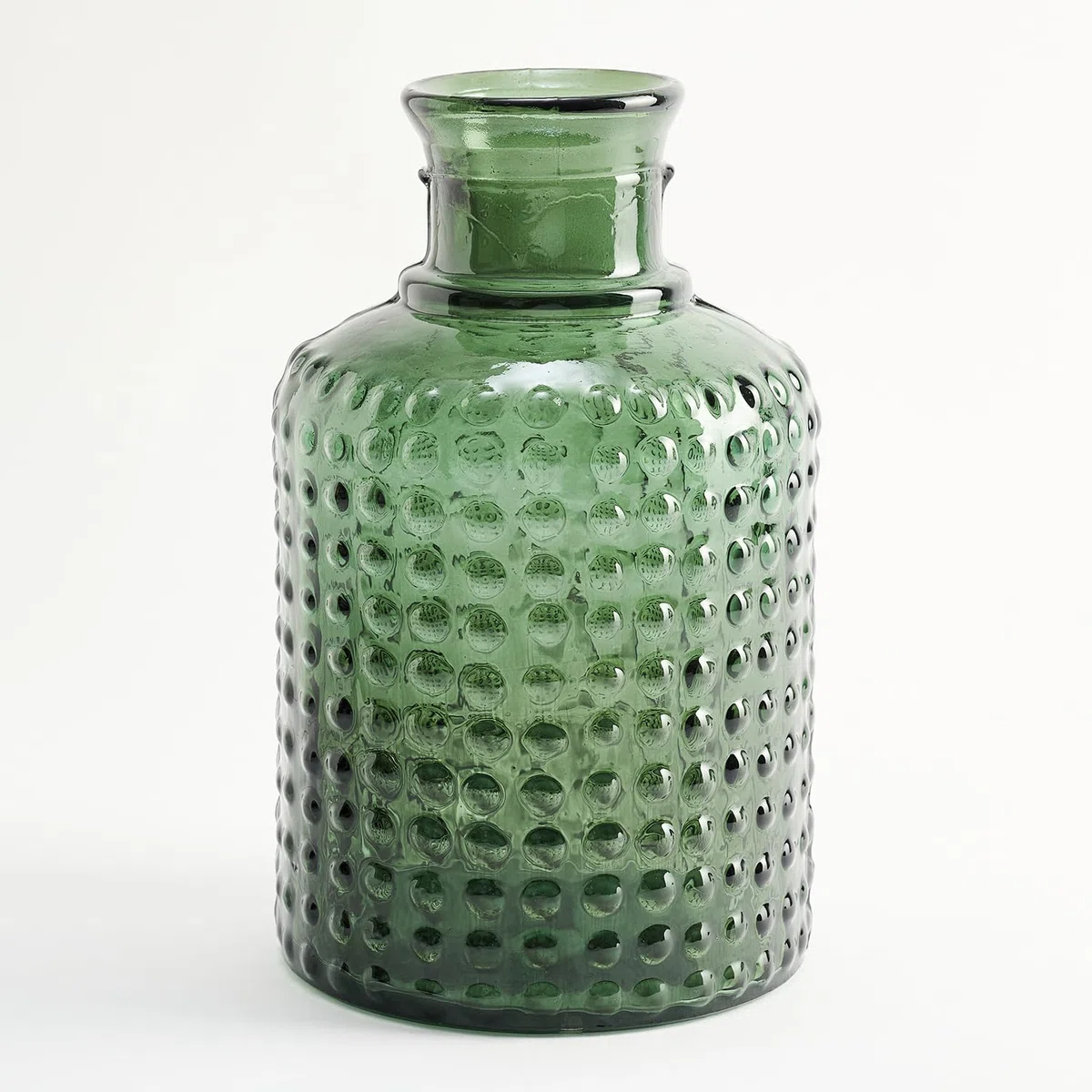 Botella Mediana de Vidrio Reciclado con Diseño de Puntos en Relieve - Pequeña Garrafa Artesanal de Cristal Estilo Mediterráneo para Decoración como Jarrón o Florero (Verde Oliva)