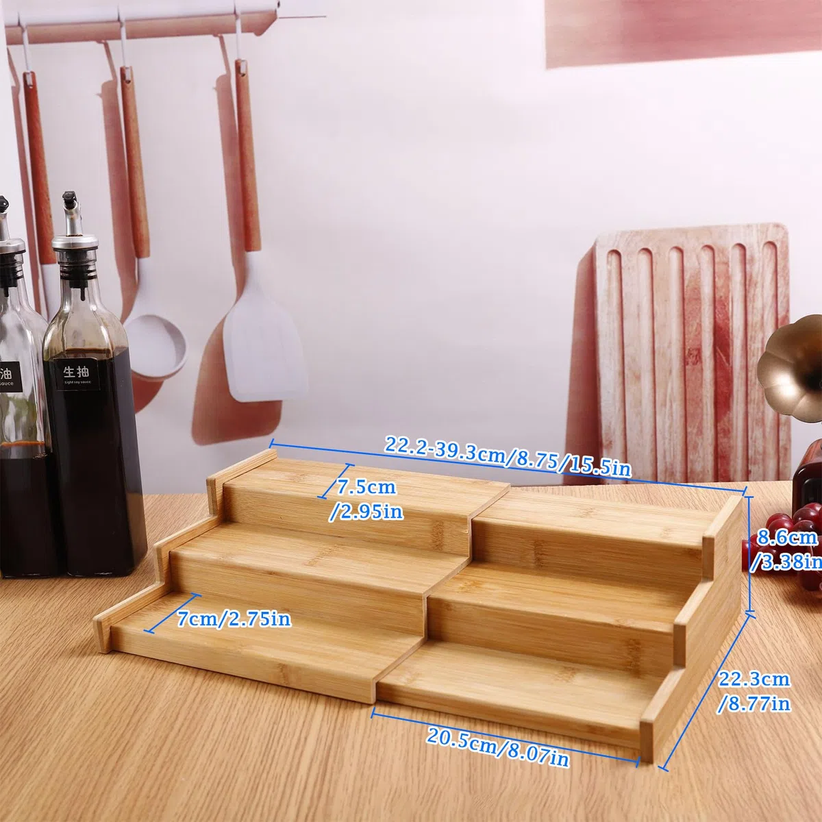 Especiero Extensible de 3 Niveles Especiero Bambú Organizador de Estante de Especias de 3 Niveles Soporte Botes Especias, Madera Natural para Armario de Cocina