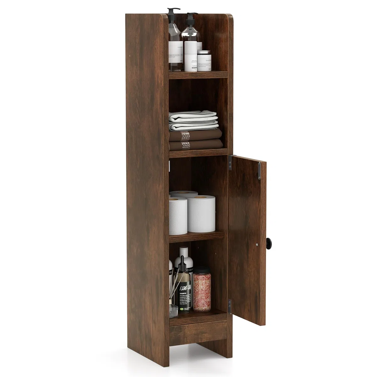 LIFEZEAL Armario de Almacenamiento para Cuarto de Baño Estrecho, Mueble de Esquina Compacto con Puerta Cerrada y Estantes Ajustables, Mueble de Almacenamiento (Marrón Rústico)