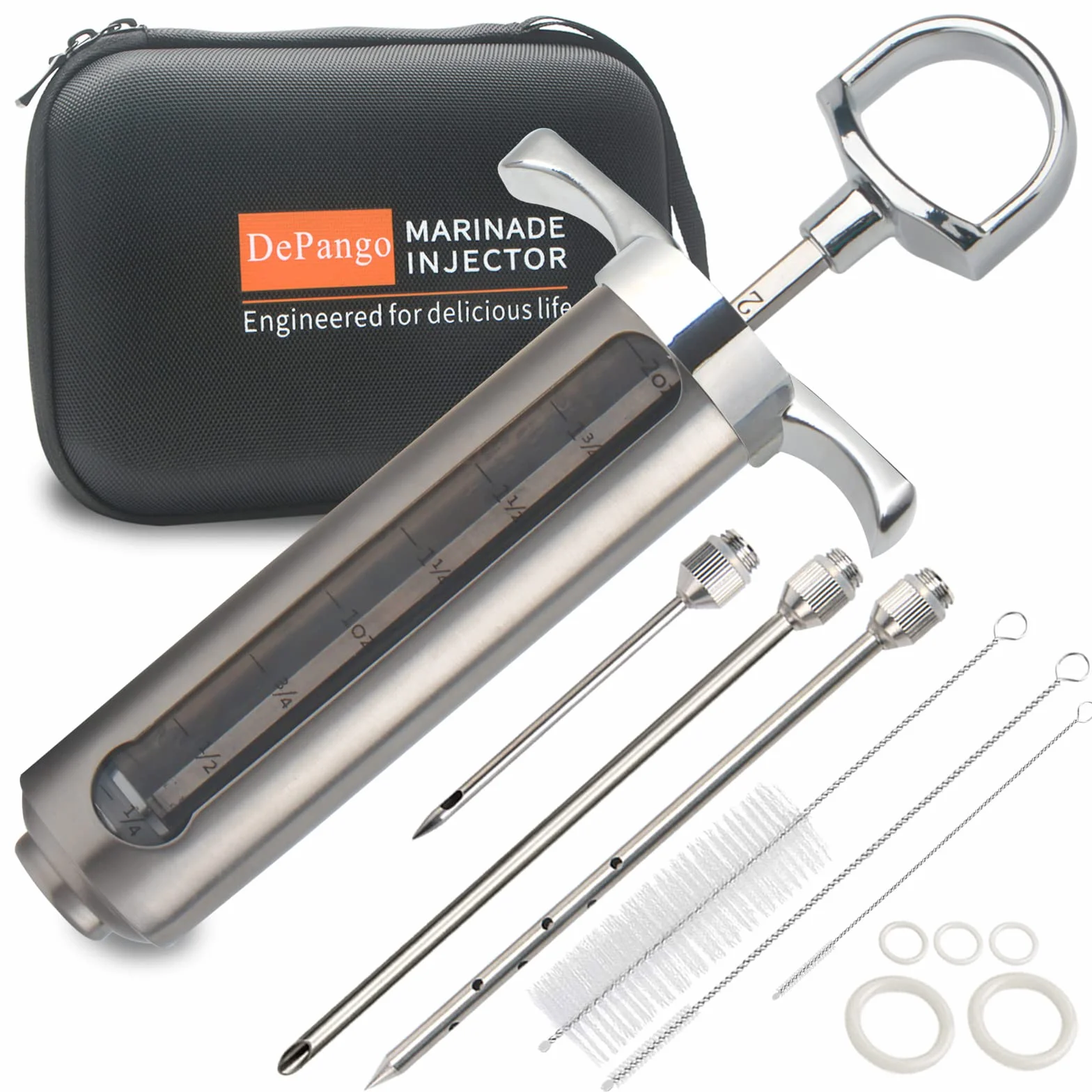 DePango Jeringuilla Cocina, Jeringa de Carne de Acero Inoxidable, 60ml Kit Jeringa Cocina Inyector de Adobo con 3 Agujas de Carne para Carne de res/bistec/cerdo/pollo/pavo a la barbacoa BBQ