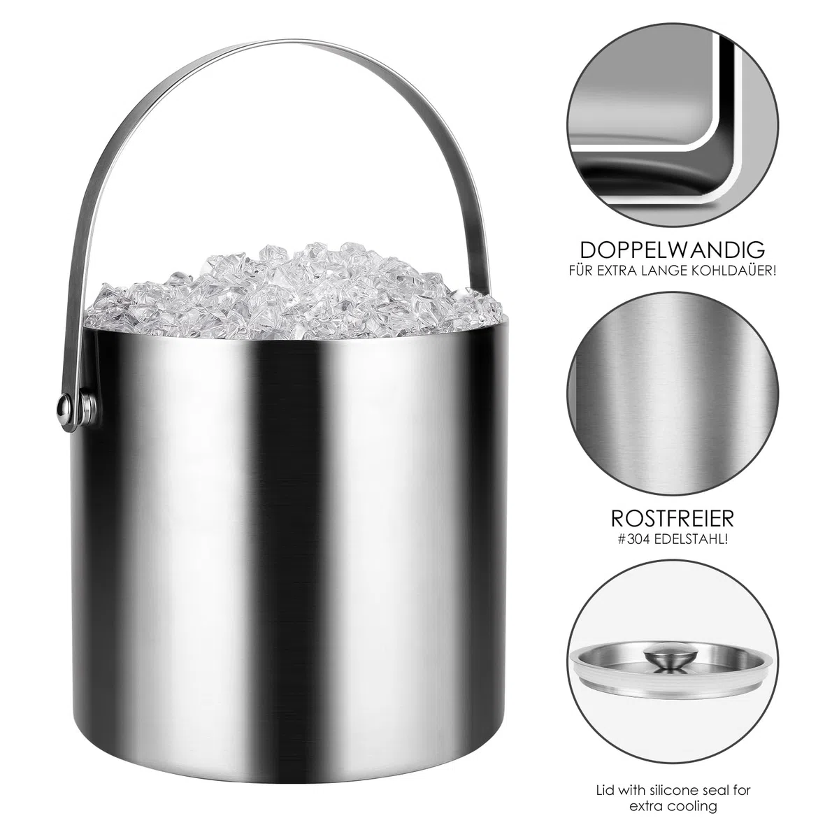 Cubiteras Acero Inoxidable de 3L,pinzas y colador, mantiene el hielo congelado para cócteles y fiestas