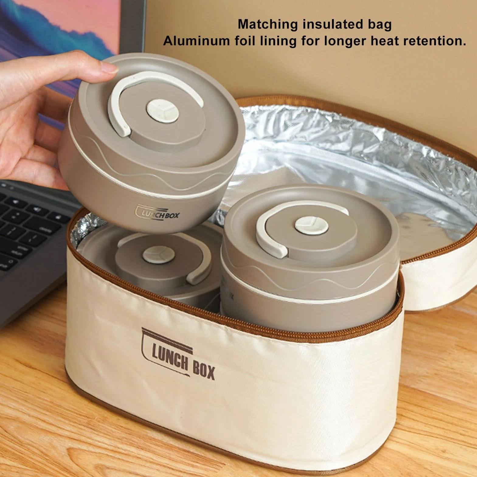 SIXRUN Contenedor de Almuerzo Aislado, Contenedor de Alimentos Aislado de Acero Inoxidable 304 con Tapa y Bolsa Térmica, Caja Térmica Redonda a Prueba de Fugas Mantiene la Comida Caliente de 4 a 5