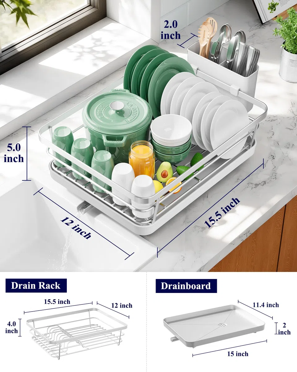 Kitsure Escurridor de platos para encimera de cocina, fregadero de acero inoxidable, organización y almacenamiento esencial con soporte para cubiertos, decoración del hogar y apartamento, 12 pulgadas