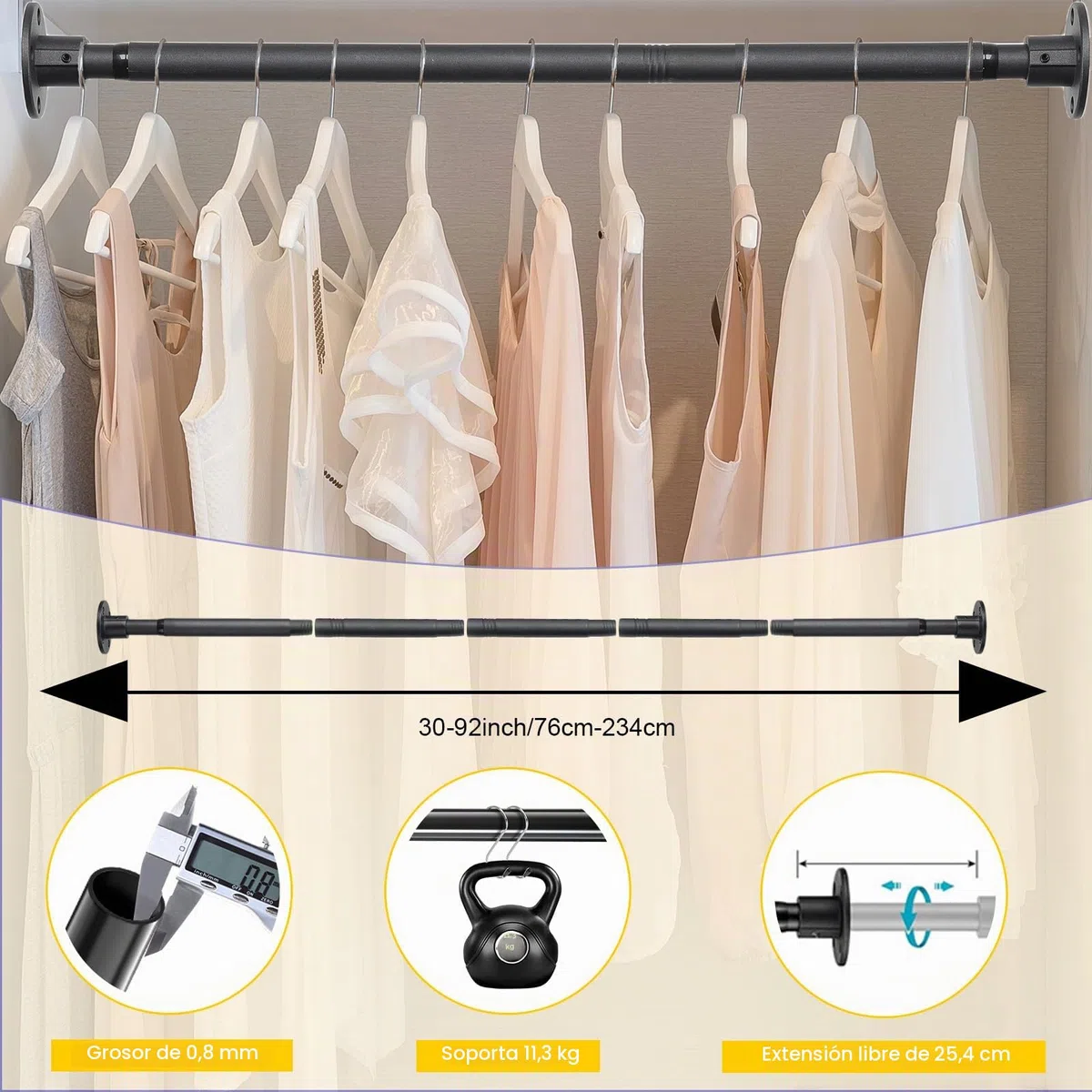Barra Armario Extensible 76-234CM, Barra de Armario para Colgar Ropa, 25MM de Diámetro Barra Armario Ropero Ajustable de Acero Inoxidable para Armario de Dormitorio, Lavandería