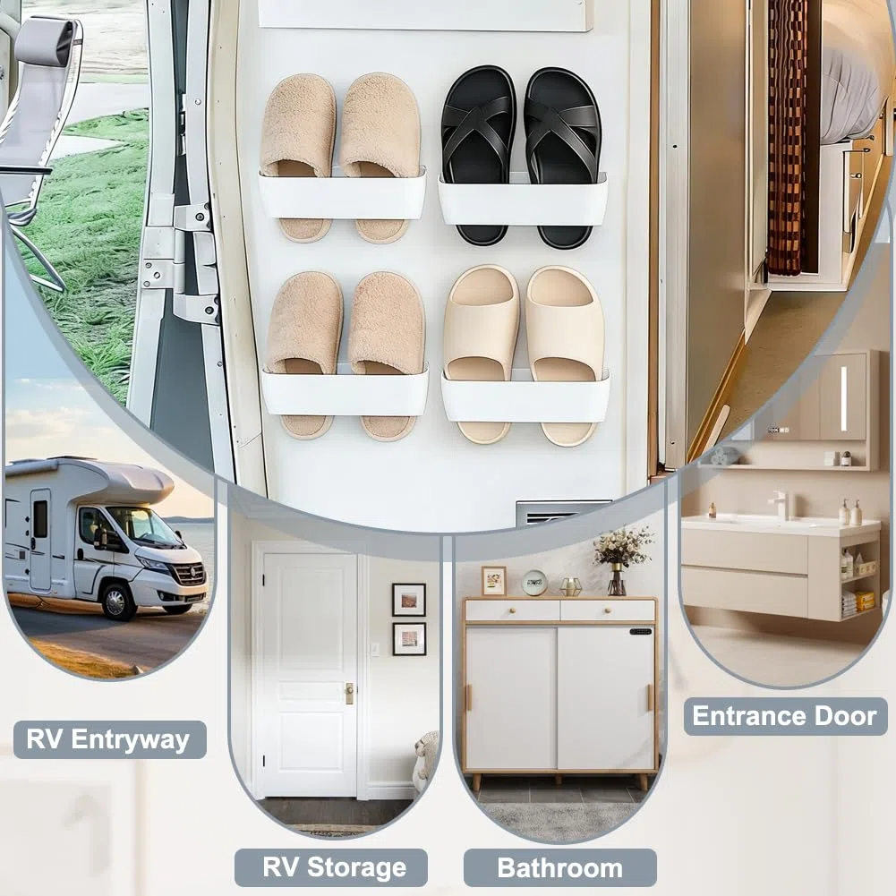 FARYODI 4 soportes para zapatos de pared para autocaravana, con agujeros perforados autoadhesivos para acampar, zapatero de pared, para camping, baño, salón (blanco)