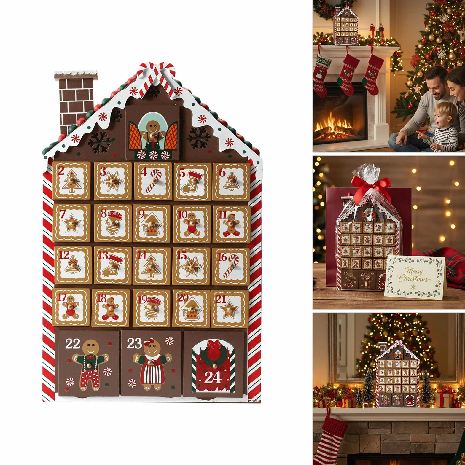 Calendario de Adviento de madera para dulces, joyería, forma de casa, calendario de Adviento de Navidad para niños y adultos, regalo sorpresas, decoración de casa de pastel de jengibre