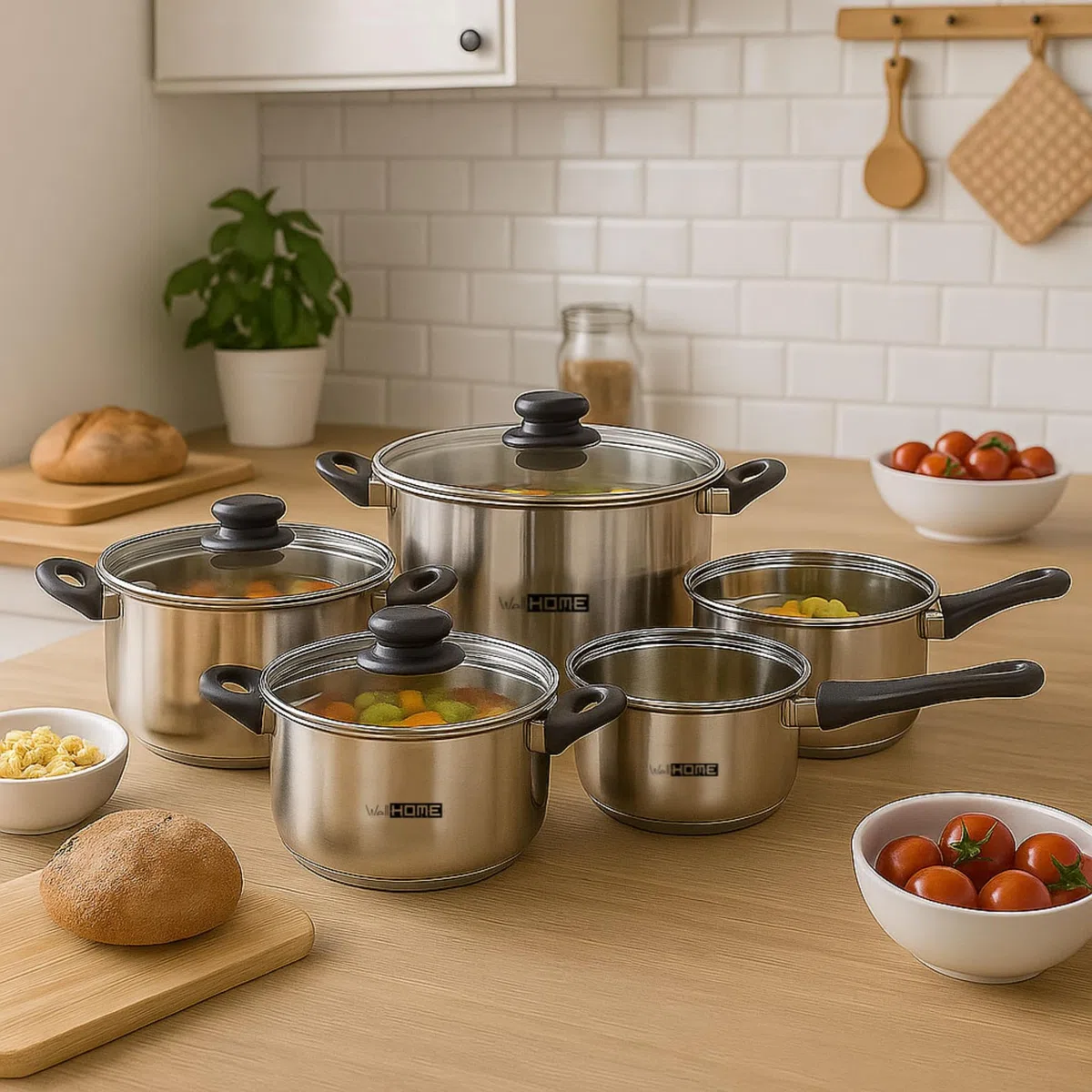 Well Home Set de Batería de Cocina de 8 Piezas y Sartenes en Acero inoxidable Ø20 Ø24 y Ø28 x5cm, Aptas para inducción y SIN antiadherente