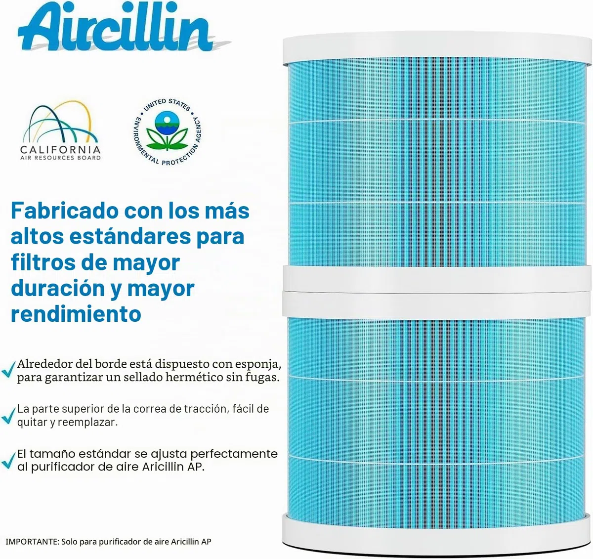 Aircillin 2-Pack H13 Filtro HEPA de Repuesto Aire AP0801, Filtro de Carbón Activado de Alta Eficiencia, Elimina Polen, Polvo, Caspa de Mascotas y Otros Alérgenos