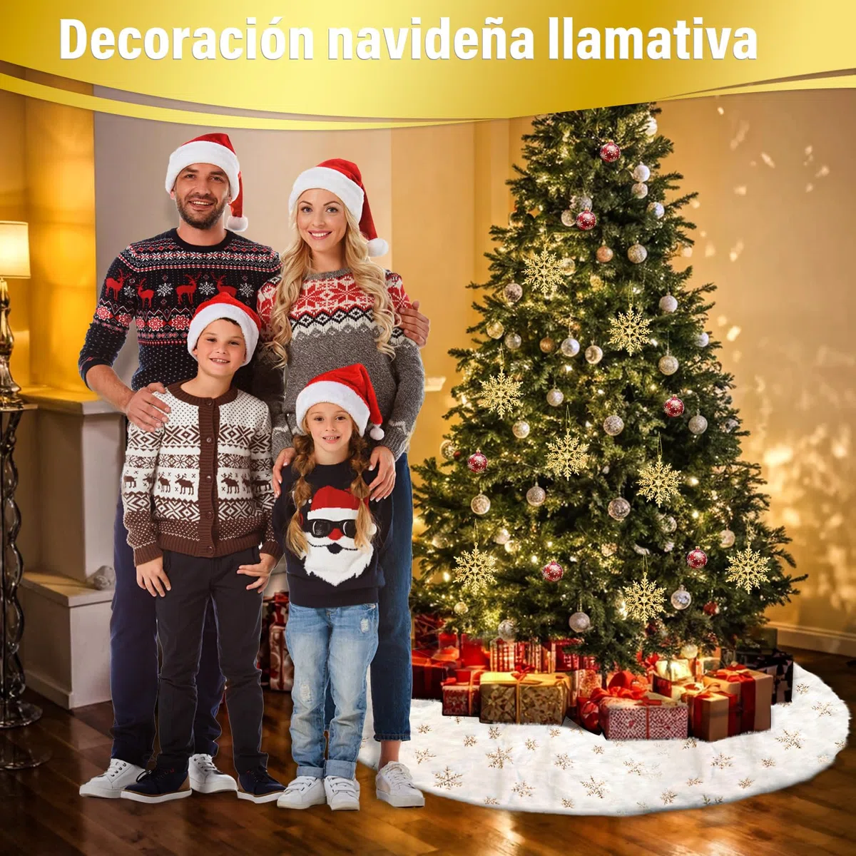 Falda de Árbol de Navidad 122cm, Tapete y Cubre Pie de Felpa Con Copo de Nieve para Decoración Navideña