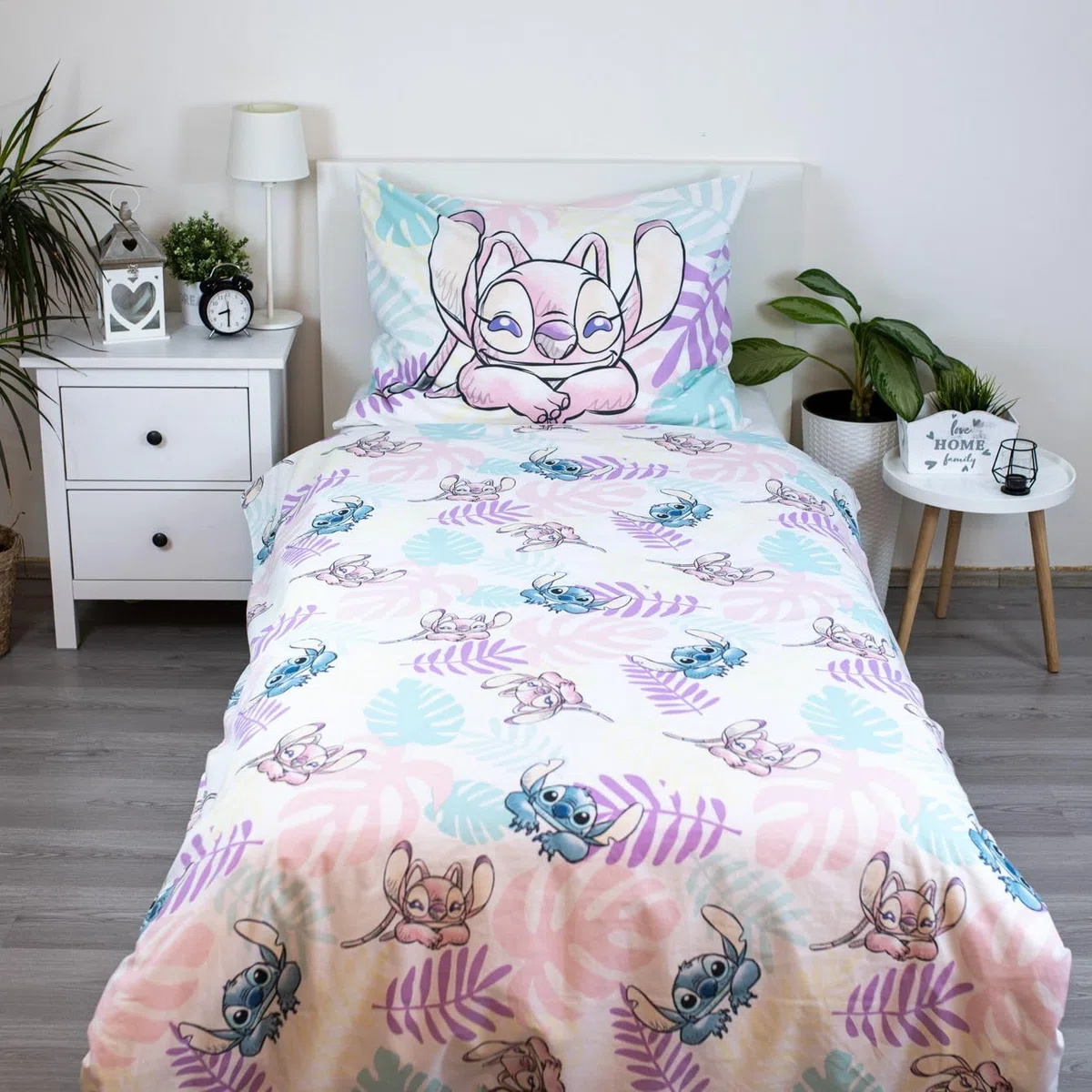 Stitch y Angel Hojas Funda Nórdica Cama 90 140x200 + Funda Almohada 70x90 | Ropa de cama reversible | Algodón natural transpirable Oeko-Tex | Disney Lilo & Stitch | Adolescente | Regalo | Idea regalo