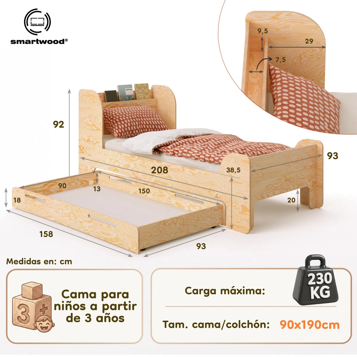 smartwood Cama Infantil 90x190 cm con Cajón, en Madera de Pino, Flou D | incl. Cajón, Cabecero con Estante, Somier hasta 230 kg, en Madera de Pino FSC, Cama Juvenil para Niñas & Niños desde 3 años