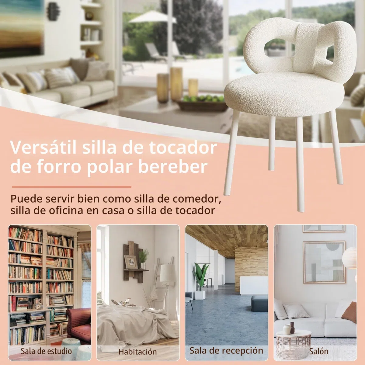 Taburete de tocador pequeño con respaldo de lazo, almohadillas para los pies, silla de vestidor sin brazos sin ruedas para mujeres y niñas, silla de maquillaje con respaldo para dormitorio