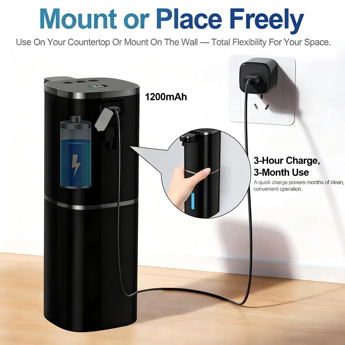 Dispensador automático de jabón líquido, 9 niveles ajustables, 380 ml, dispensador de jabón de manos o jabón para platos, sensor IR y pantalla, montaje en pared o mesa para baño, cocina (negro)