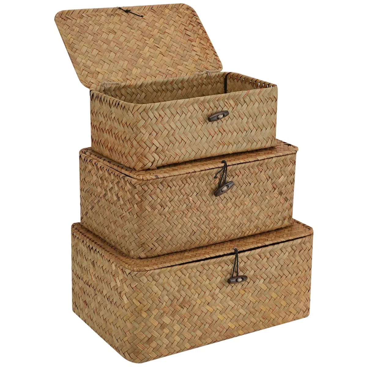 3 Piezas Cesta de Almacenamiento de Ratán con Tapa, Hierba Marina Natural Tejida Cestas de Estante, Organizador de Mmaquillaje Multifuncional para Baño Cocina Sala de Estar