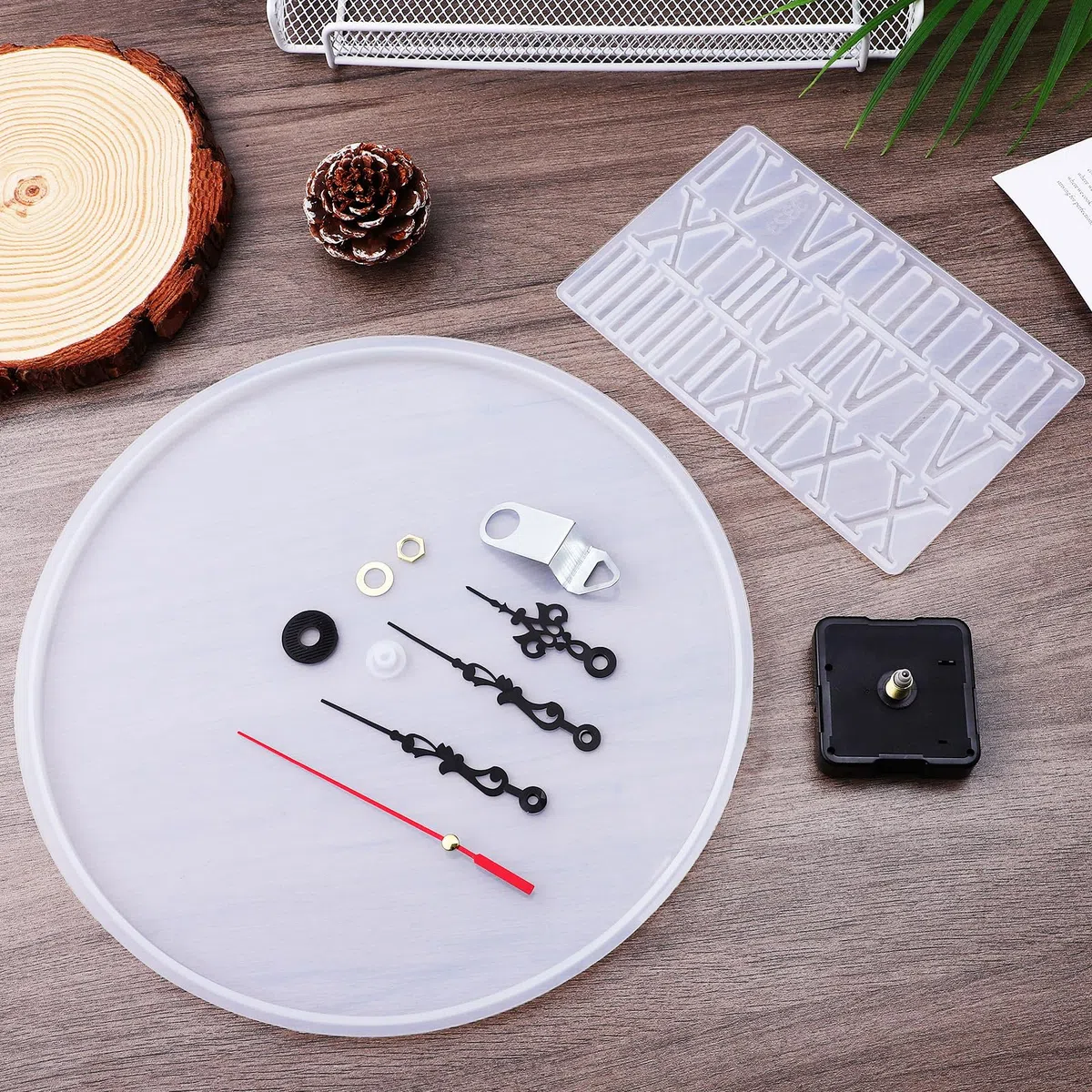 VILLCASE Molde de silicona para reloj de resina epoxi, forma redonda de resina epoxi, juego de moldes con mecanismo y molde de silicona árabe romana para pared DIY