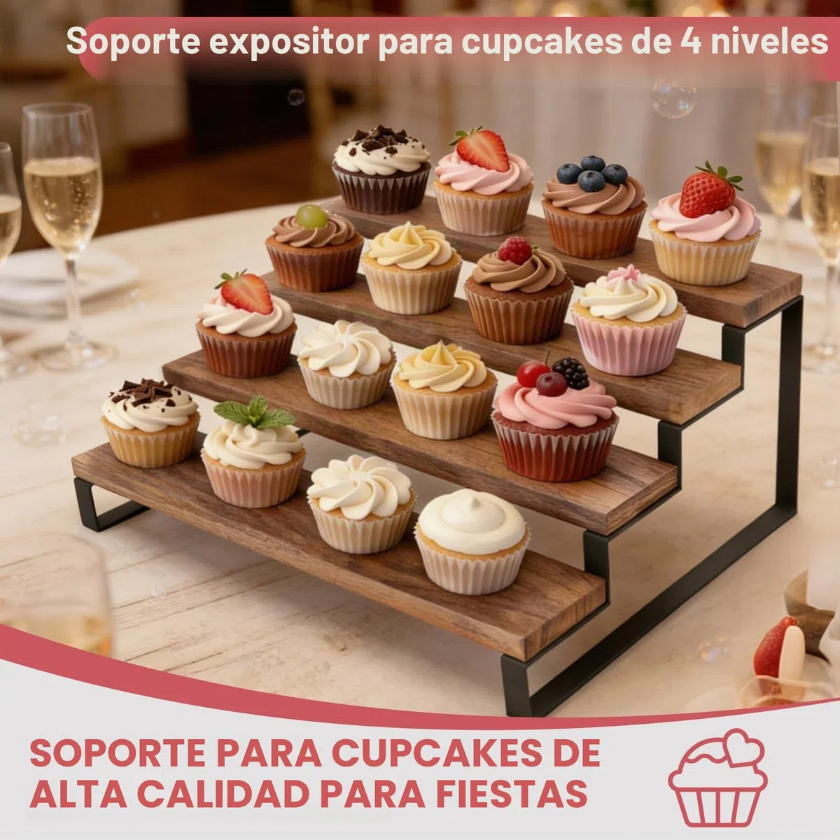 Soporte Tarta, Bandejas para Tartas de 4 Niveles para 16 Cupcakes, Expositor Madera para Torta, Torre de Árbol de Postre para Bodas Cumpleaños Fiestas Pausas de Café, Celebraciones Familiares