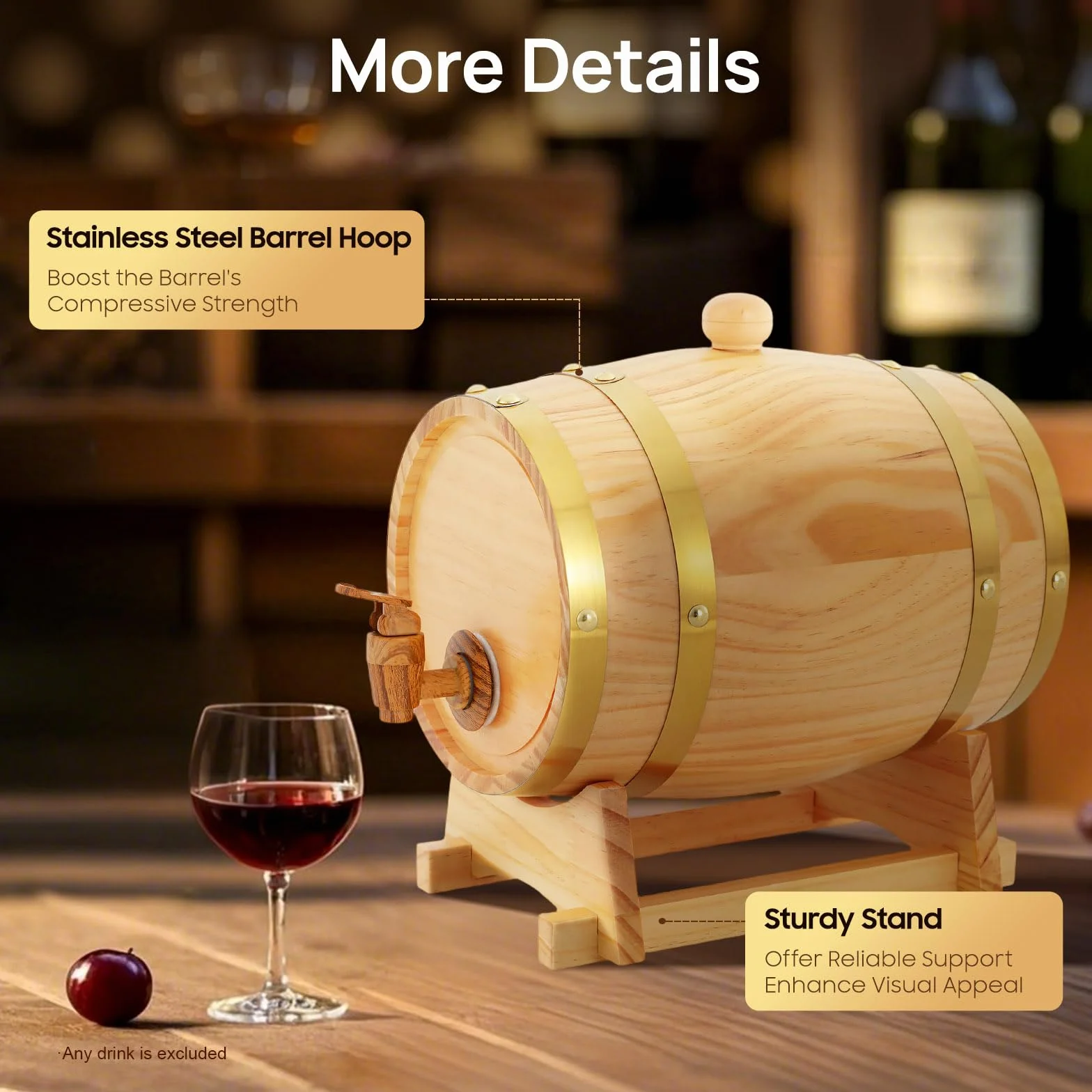 Barril de vino, madera de pino de 3 l, con varillas de acero inoxidable y grifo, barril de fermentación tradicional para vino/whisky, incluye soporte (16 x 23,5 cm), ideal para cervezas y bares