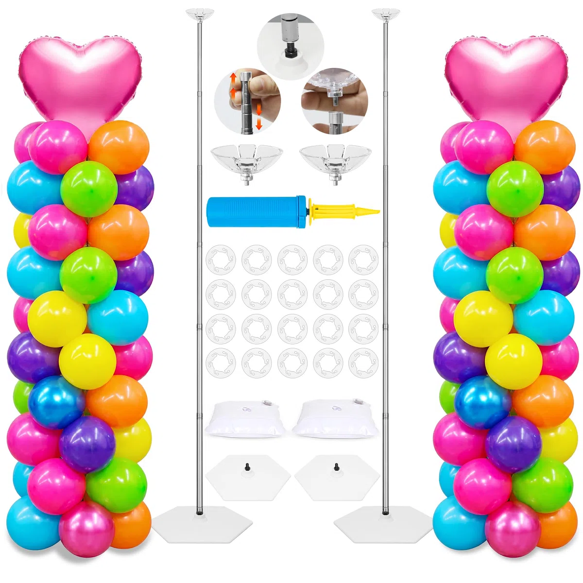 2 Sets Ajustable Soporte para Globos Kit y Globo Bomba, Metal 2.7 metros Soporte Globos, Arco para Globos Reutilizable, Globo Torre Decoraciones para Baby Shower Graduación Cumpleaños Fiesta de Bodas