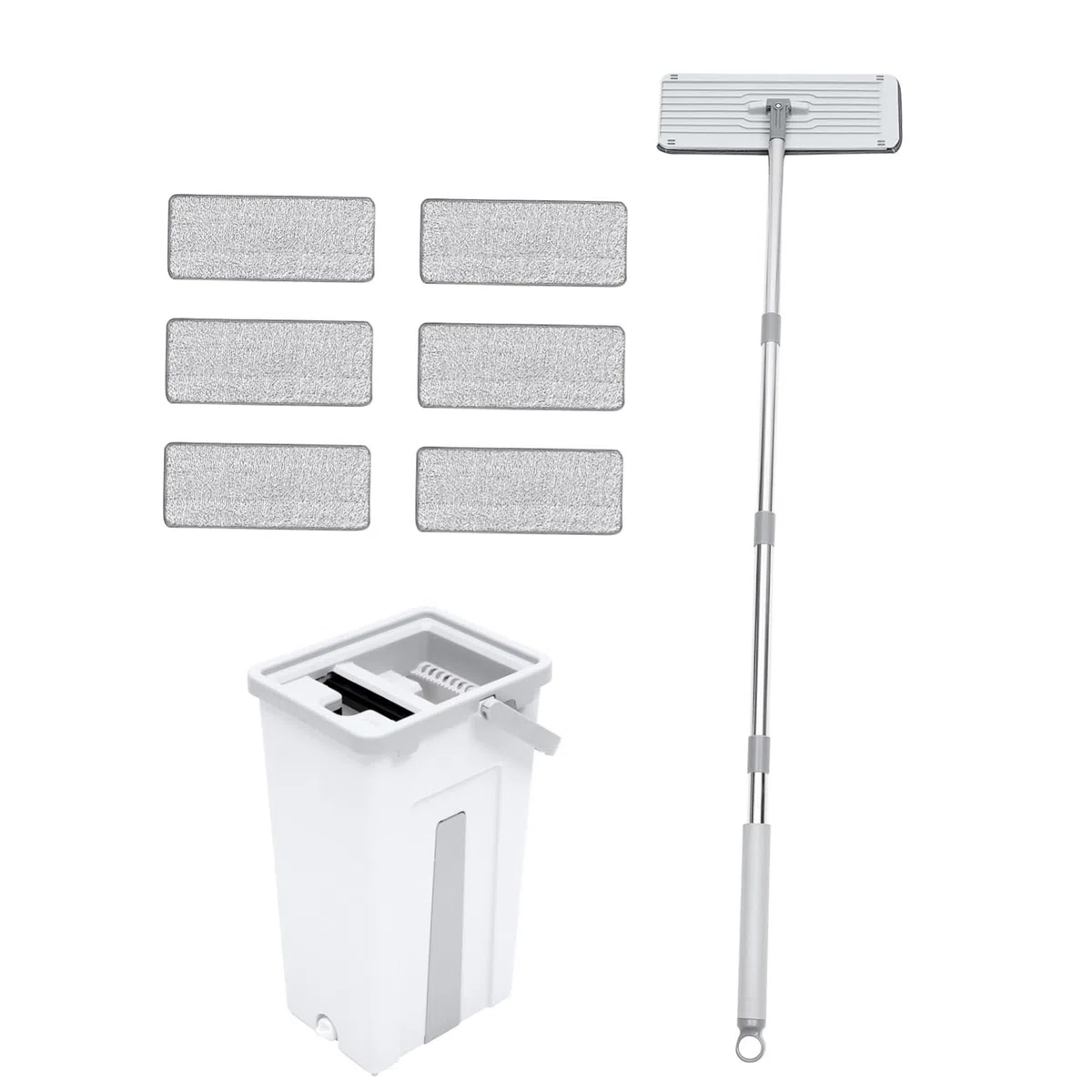 Kit de Trapeador de Limpieza Giratorio con Cubo y 6 Paños | Microfibra, Plástico y Acero Inoxidable, Mango Integrado, 1 Juego Portátil para Limpieza a Fondo