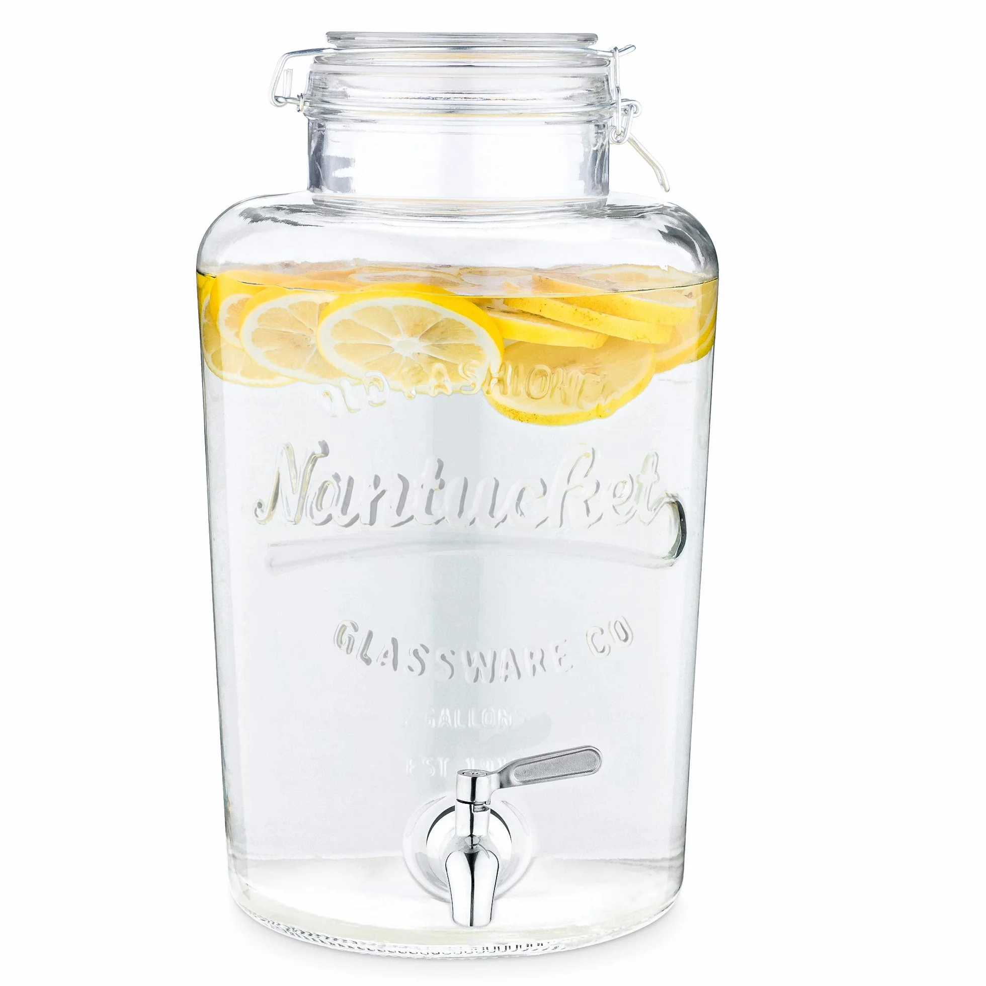 Navaris Dispensador de Bebidas con Grifo 8L - Recipiente de Vidrio con Tapa y Cierre Giratorio de Acero Inoxidable - Agua Jugo Vino Sangria