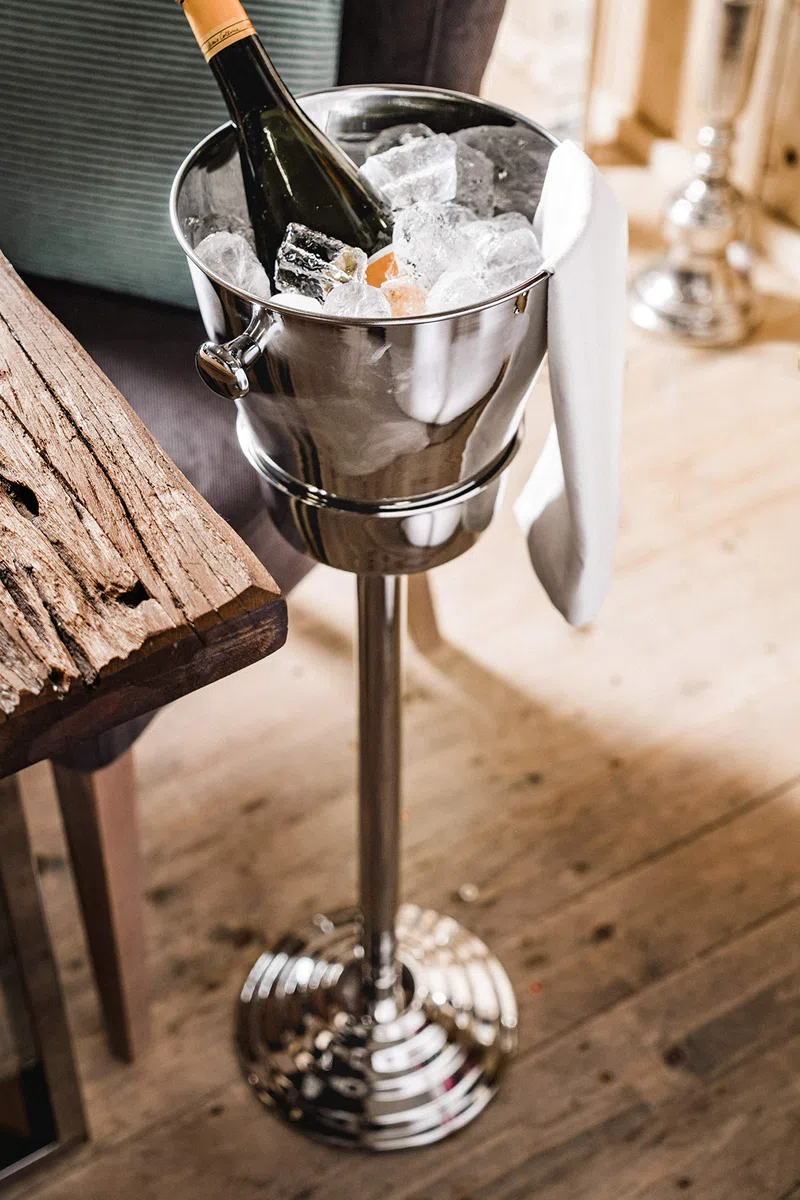 Enfriador de champán sobre pie, enfriador de vino con soporte, enfriador de botellas de acero inoxidable plateado, enfriador para champán, vino y champán, XXL, 80 cm