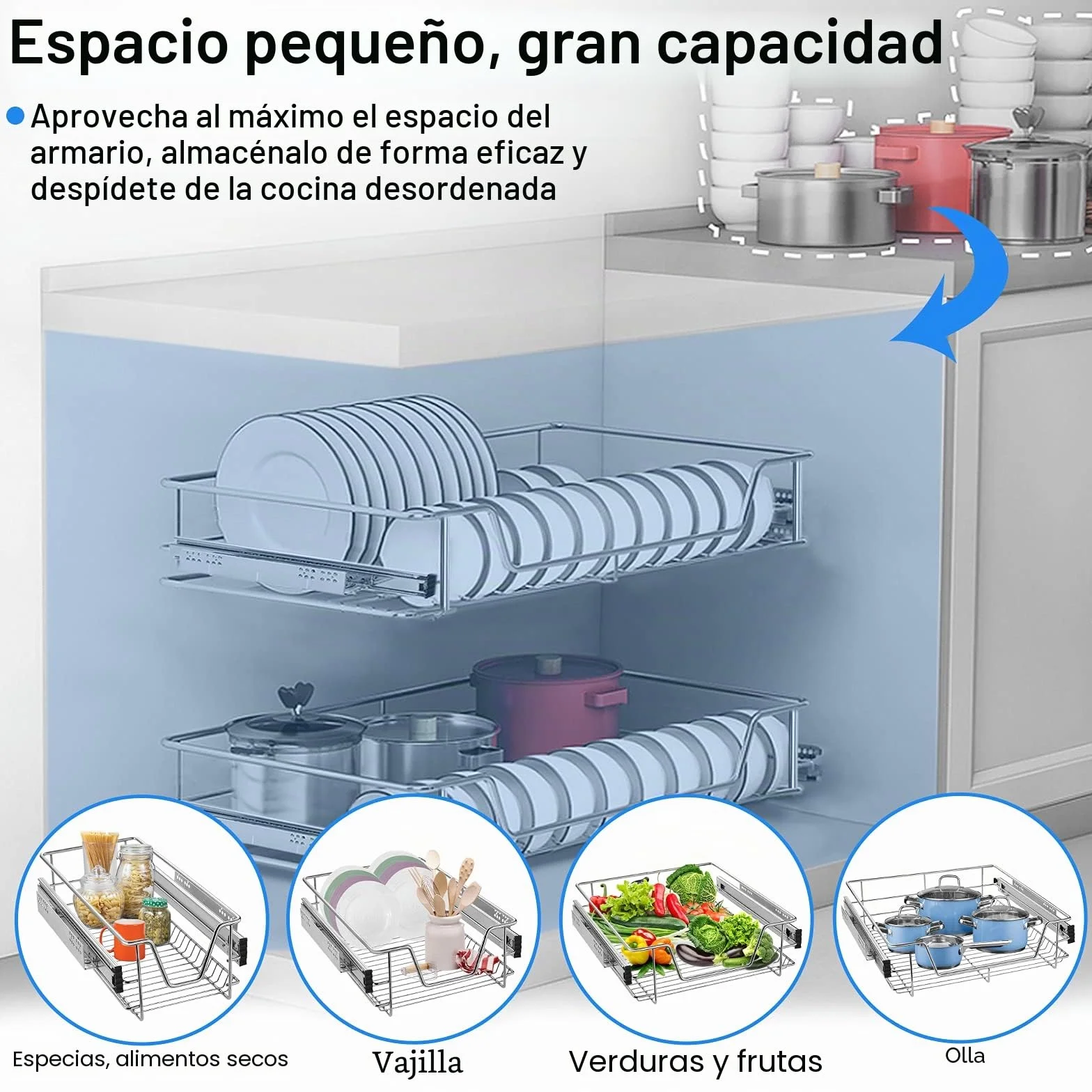 Aufun 4 cajones de cocina de 50 cm, cajón telescópico, extracción total, armario de cocina, armario extraíble, cesta extraíble extraíble, estantería de cocina para el hogar.