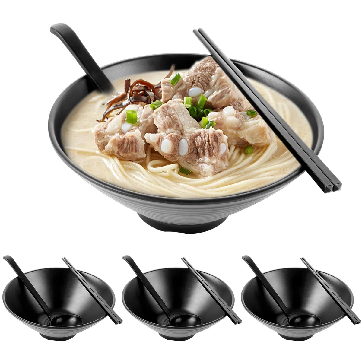 Set de 4 tazones para ramen japonés - 1000 ml - De melamina - Con cuchara y palillos - Apto para lavavajillas - Duradero - Para ramen, pasta, buldak ramen, ensalada