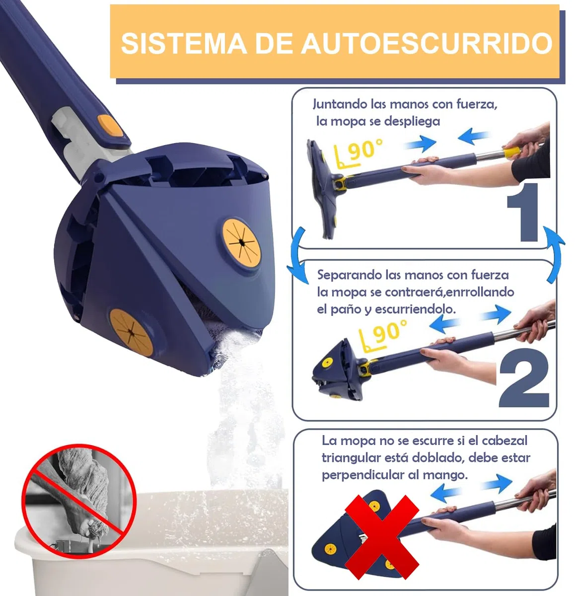Mopa Triangular Giratoria 360 Autoescurrible de Microfibra, Mopa para Limpiar Azulejos y Paredes, Colgador, 6 Recambios, Manual y Trucos. Fregona Autoescurrible, Suelos, Techos y Ventanas.