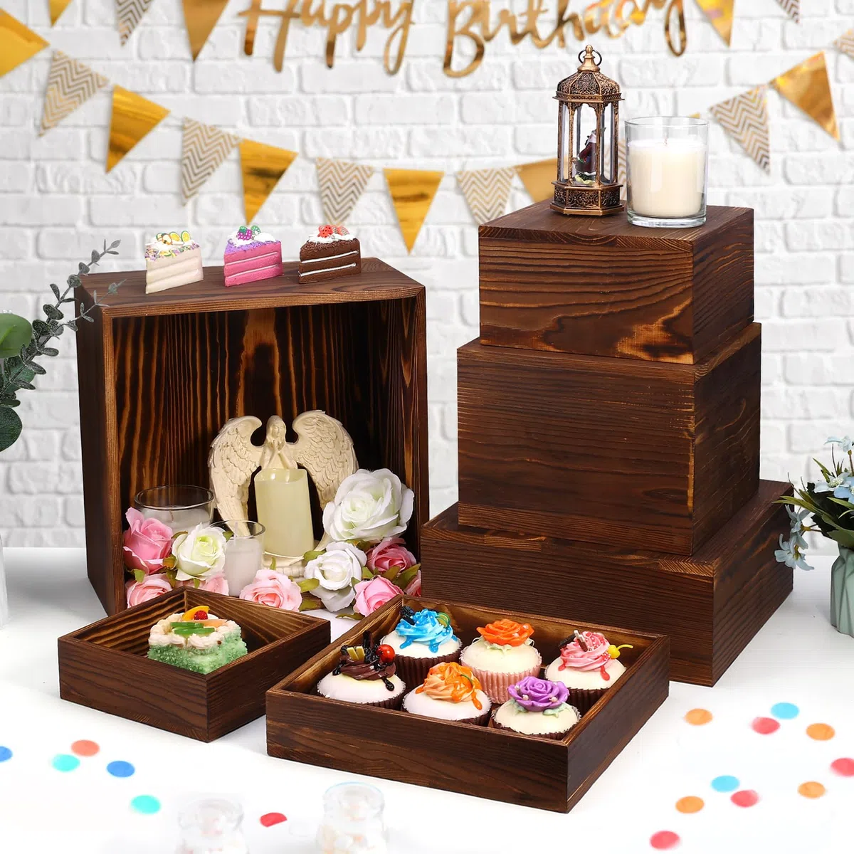 Paquete de 6 soportes de madera para exhibición, elevadores cuadrados de buffet para fiestas, soportes de madera para pasteles, soportes rústicos para cupcakes, cajas de madera para exhibición,