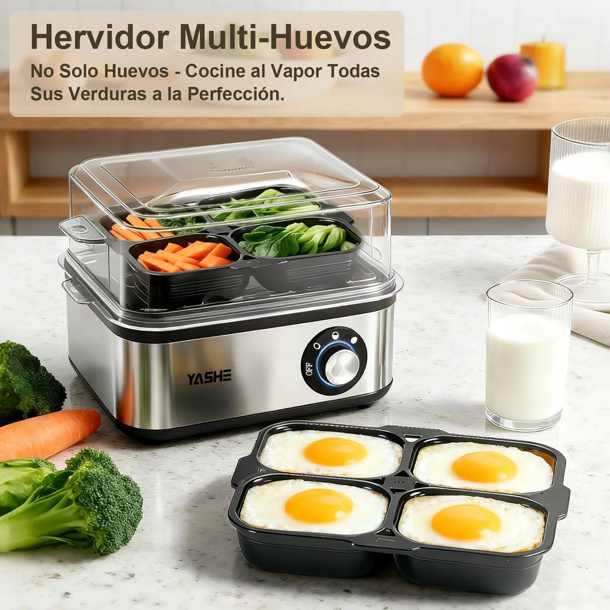 YASHE Cocedor de huevos, 8 huevos duros, para escalfar huevos, recipiente para tortillas y vaso medidor, Fabricado en acero inoxidable, Incluye función para escalfar huevos, libres de BPA