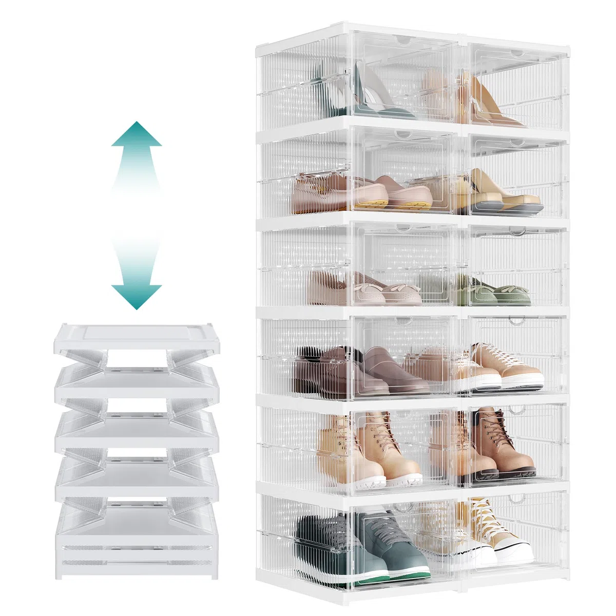 SONGMICS Cajas para Zapatos, Juego de 12 Organizadores Apilables para Zapatos, Juego de 2 Zapatero Plegable y Portátil, hasta talla 46, Montaje en 60s, Transparente y Blanco Nube LSP206W01