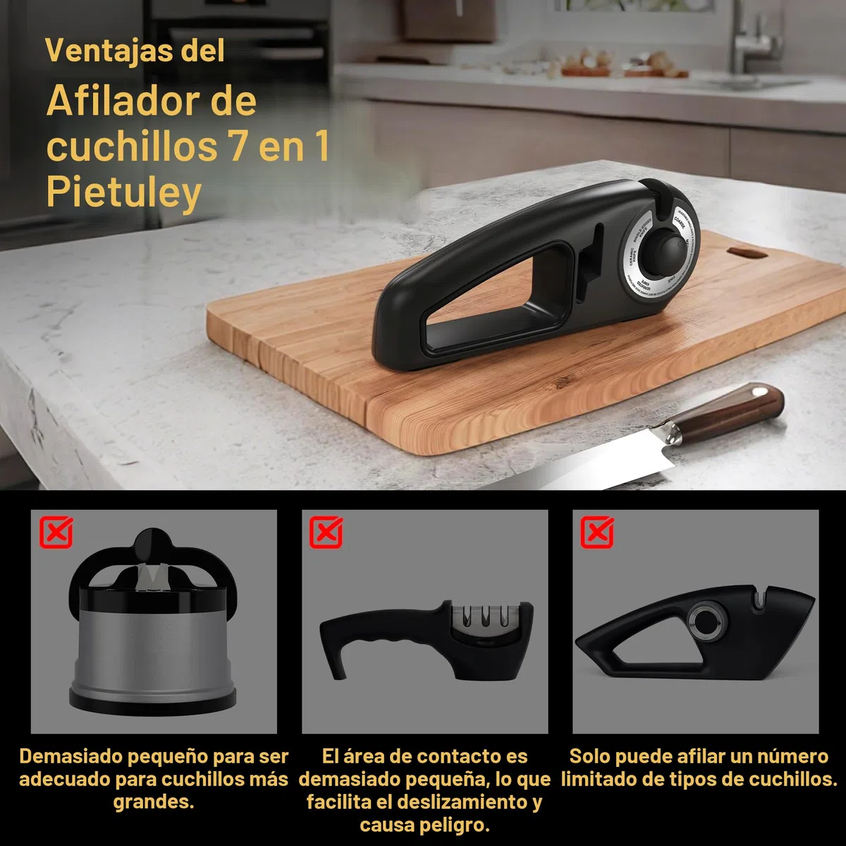 Pietuley 7 en 1 Afilador de Cuchillos Profesional , Knife Sharpener Afilador de Facas Manual para Cuchillos de Trinchar, de Sierra, Afilado de Cuchillas y Tijeras de Cerámica (Negro)