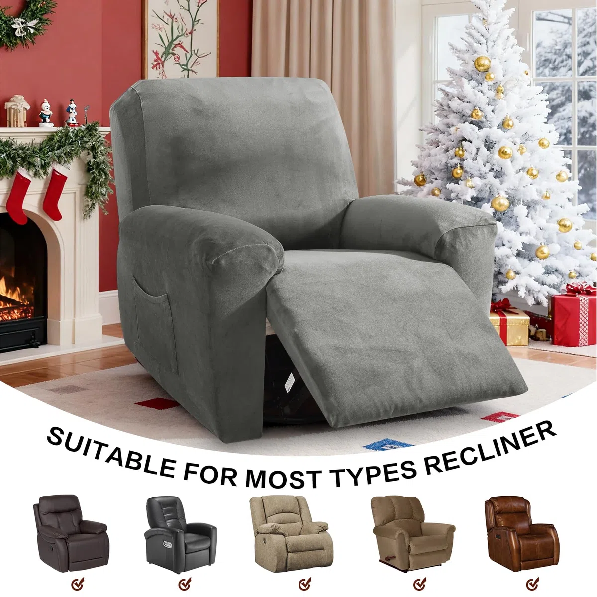 MAXIJIN Funda de Terciopelo para reclinable, 4 Piezas, Funda elástica de Felpa Suave para Silla reclinable, Gruesa y Suave, Funda separada para sillón reclinable con Bolsillo Lateral (reclinable,